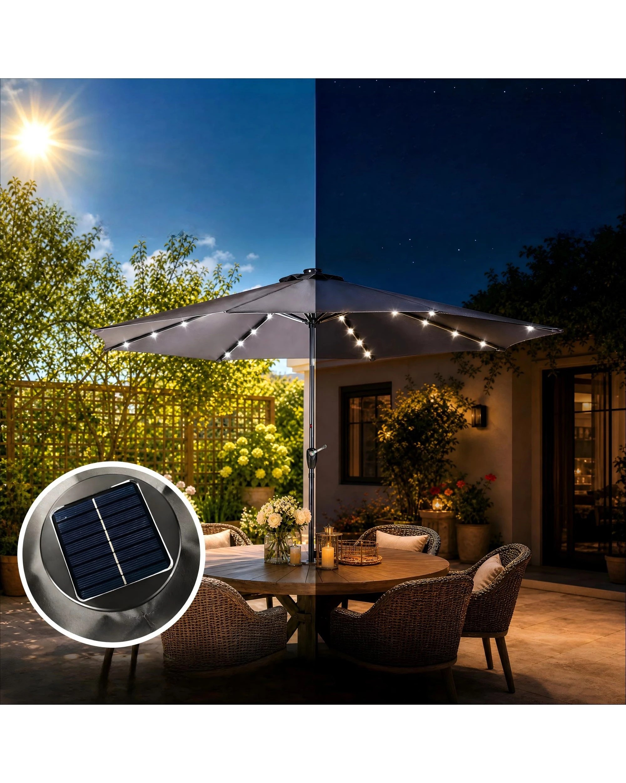 4 Advwin Solar Patio Umbrella with Base, 3m Outdoor Umbrella with 32 LED Lights & Cover - Grey, 4 of 9
