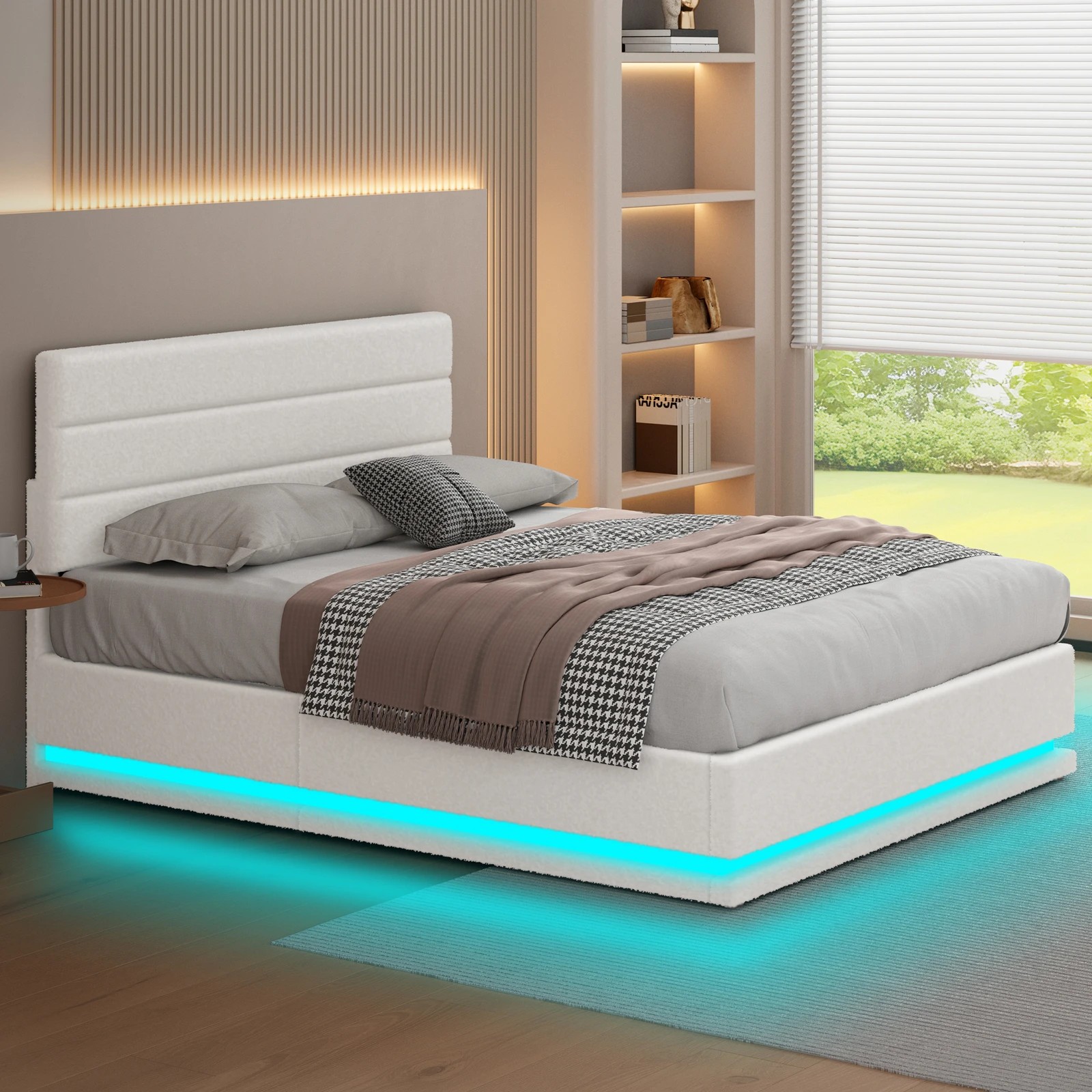 7 Alfordson Bed Frame Double Size Platform RGB LED Gas Lift Base Storage Boucle - White, 7 of 10