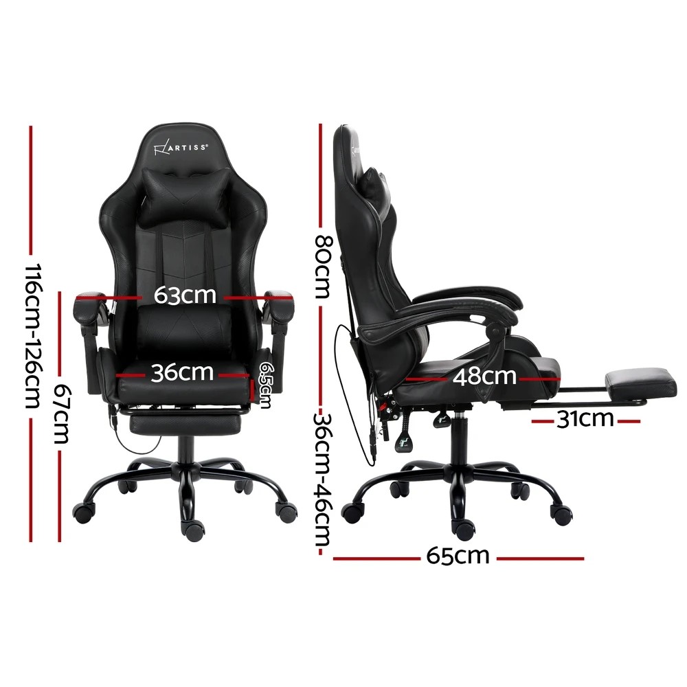 2 Artiss 6 Point Massage Gaming Office Chair Footrest - Black, 2 of 5