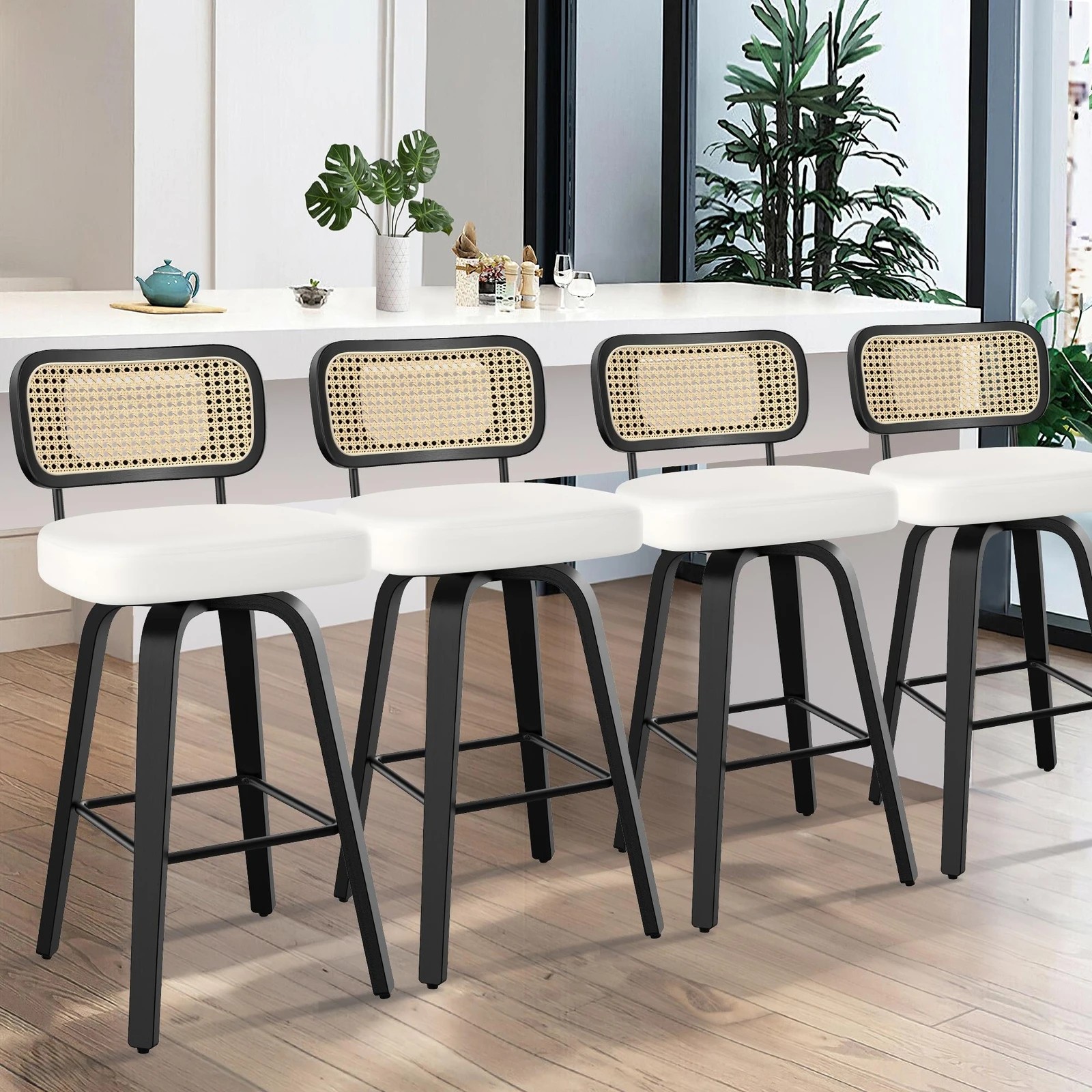 9 Alfordson 4x Bar Stools Kitchen Vintage Leather Seat Rattan Chair - White, 9 of 9