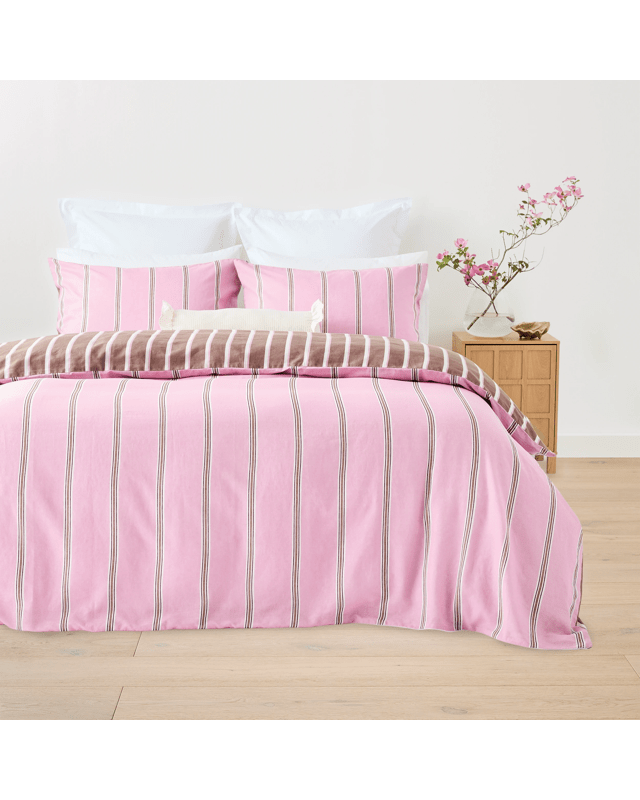 Stripe Linen Cotton Reversible Quilt Cover Set - Queen Bed, Pink and M