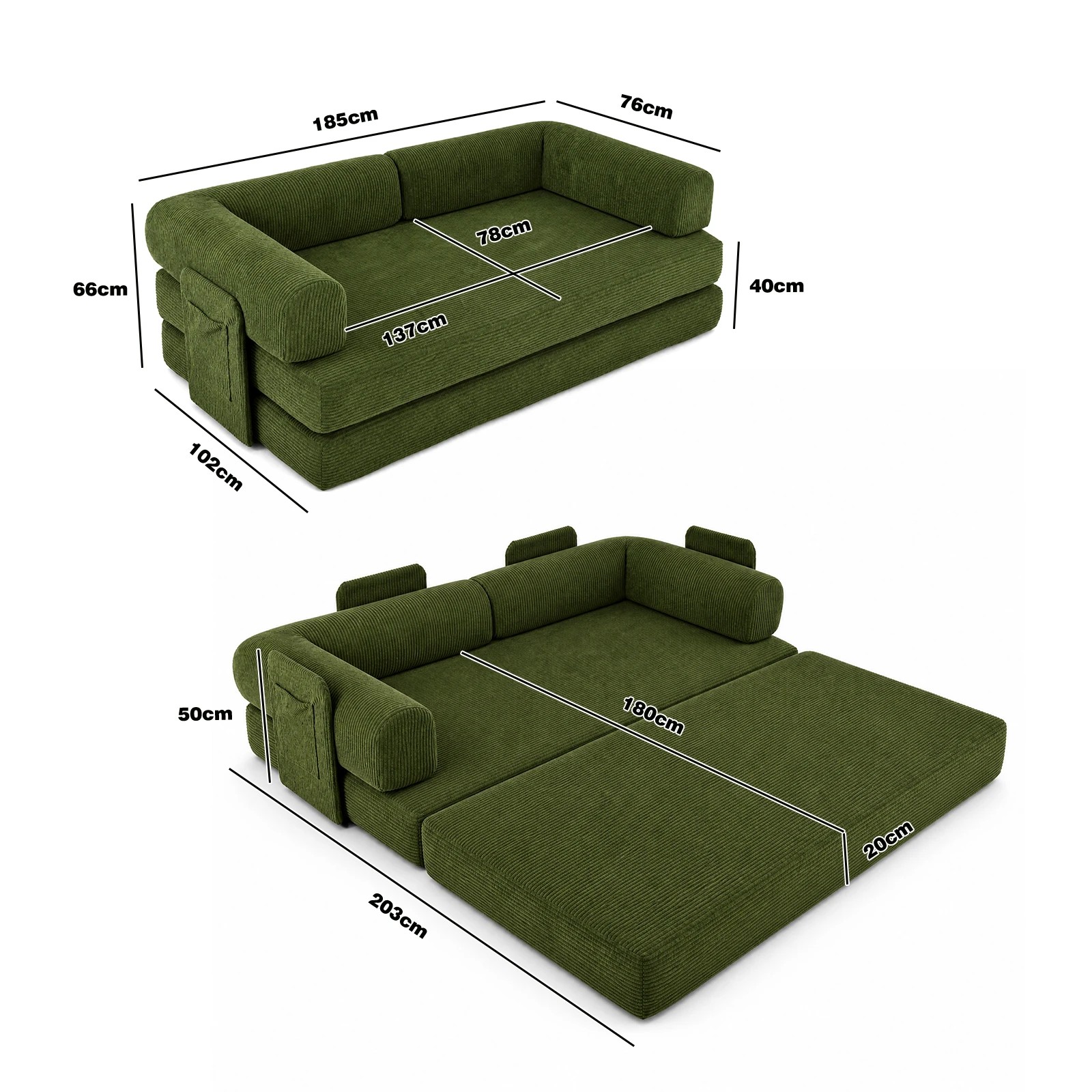 2 Advwin Folding Sofa Bed 5 in 1 Convertible Floor Loveseat Couch with L Shaped Armrests and Pockets - Green, 2 of 2