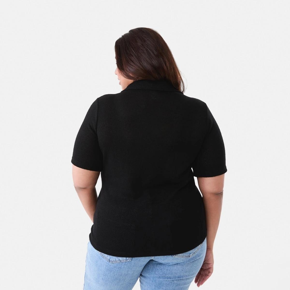 3 Curve Short Sleeve Textured Knit Polo Top Black, 3 of 5