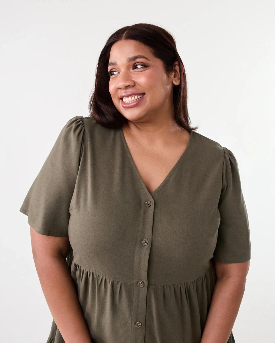 4 Curve Short Sleeve Button Through Midi Dress Deep Olive, 4 of 9