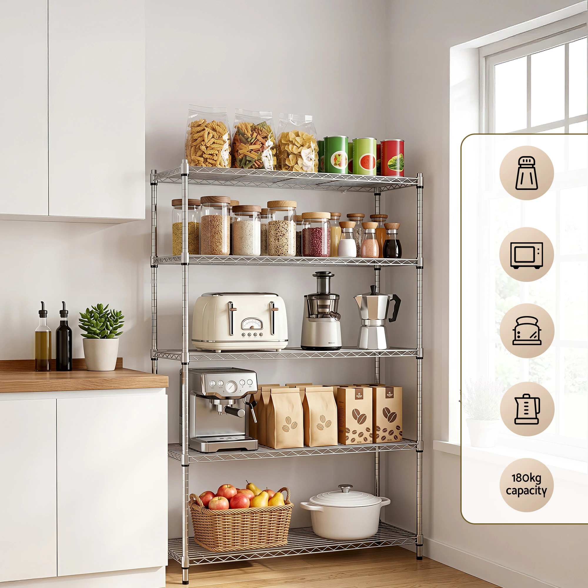 Artiss 5-Tier Kitchen Rack Shelf Shelving 120x45x179CM Adjustable Metal ...