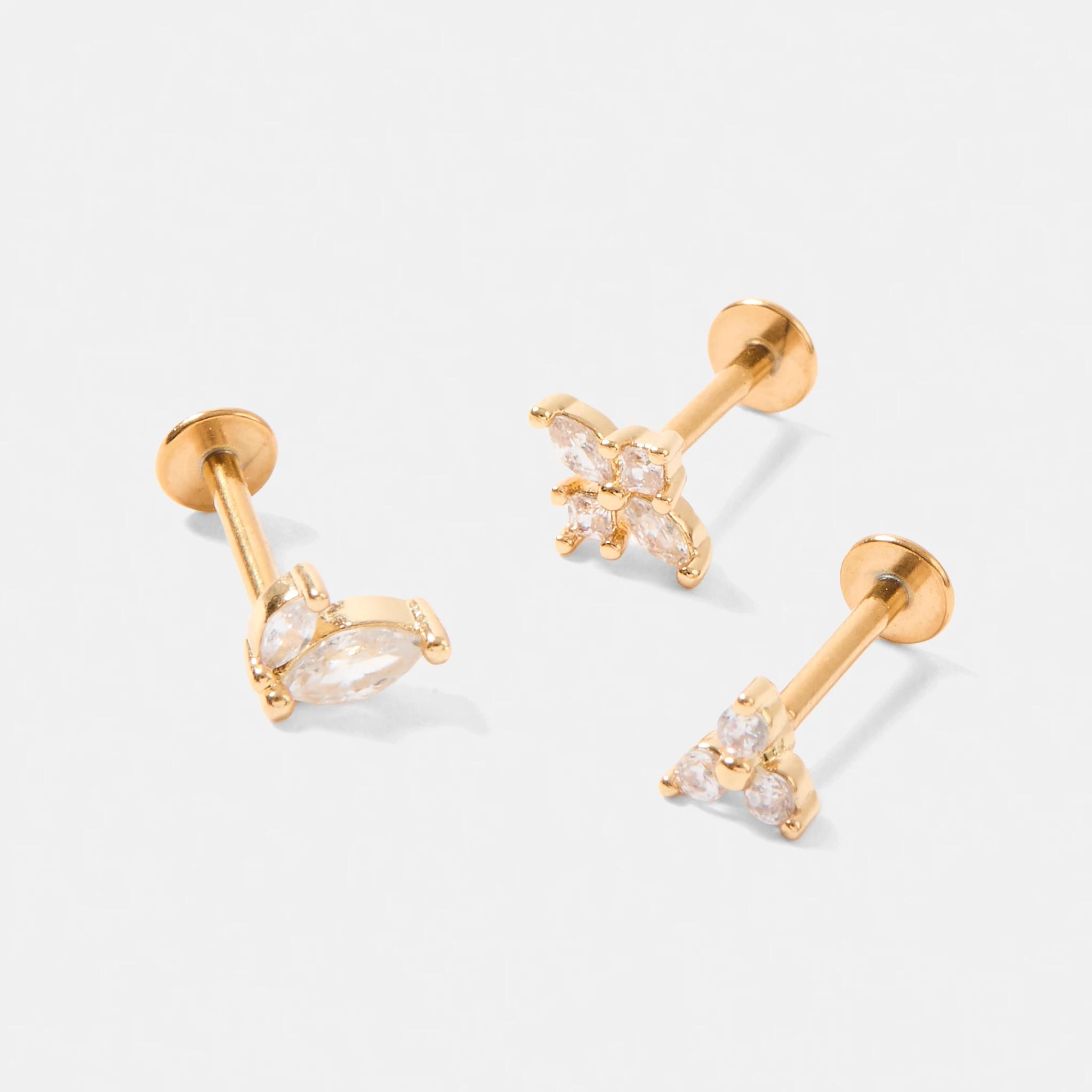 2 3 Pack Cubic Zirconia Ear Piercing Studs - Gold Tone GOLD, 2 of 4