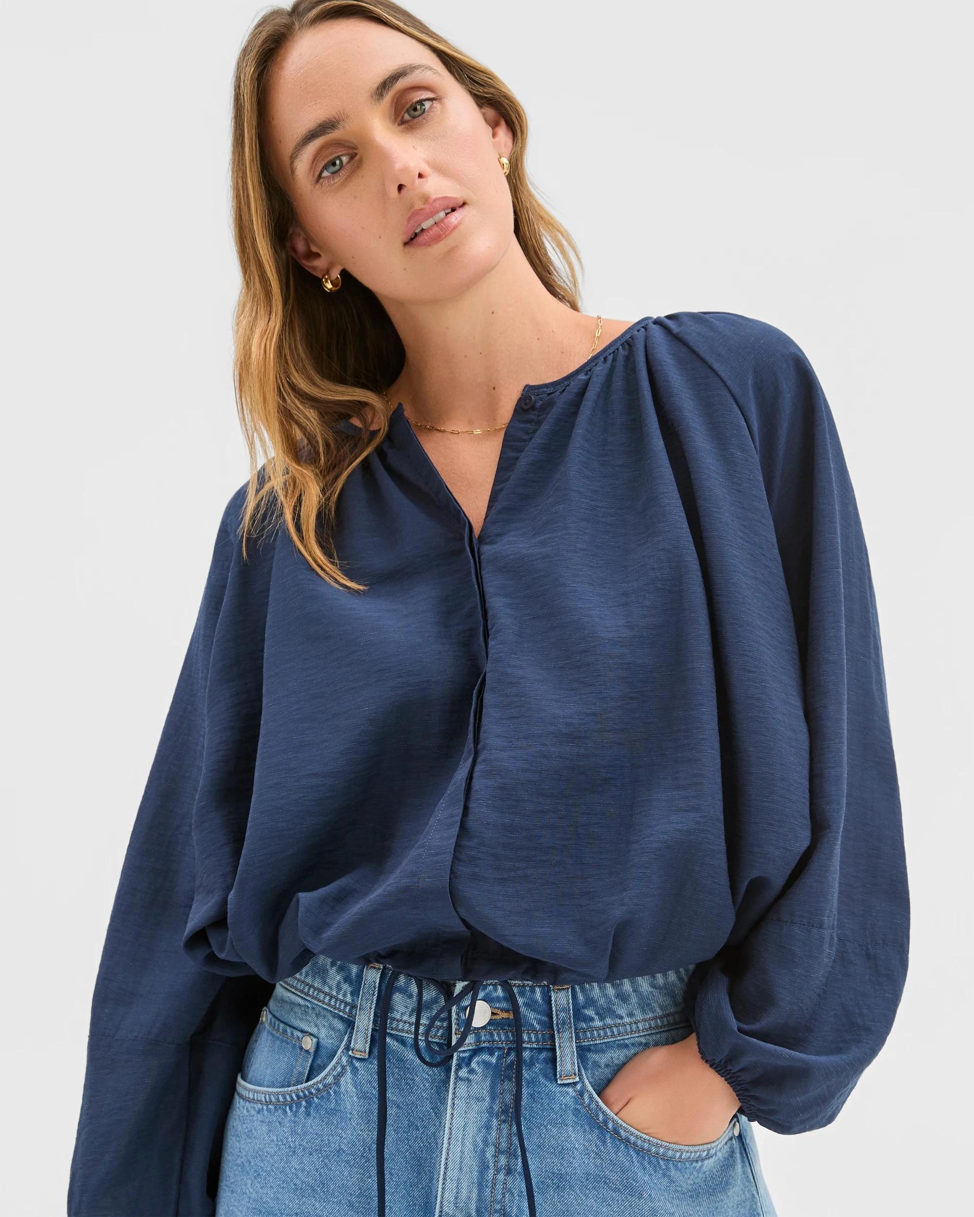 2 Target Woman Long Sleeve Button Front Bubble Hem Top NAVY BLAZER, 2 of 5