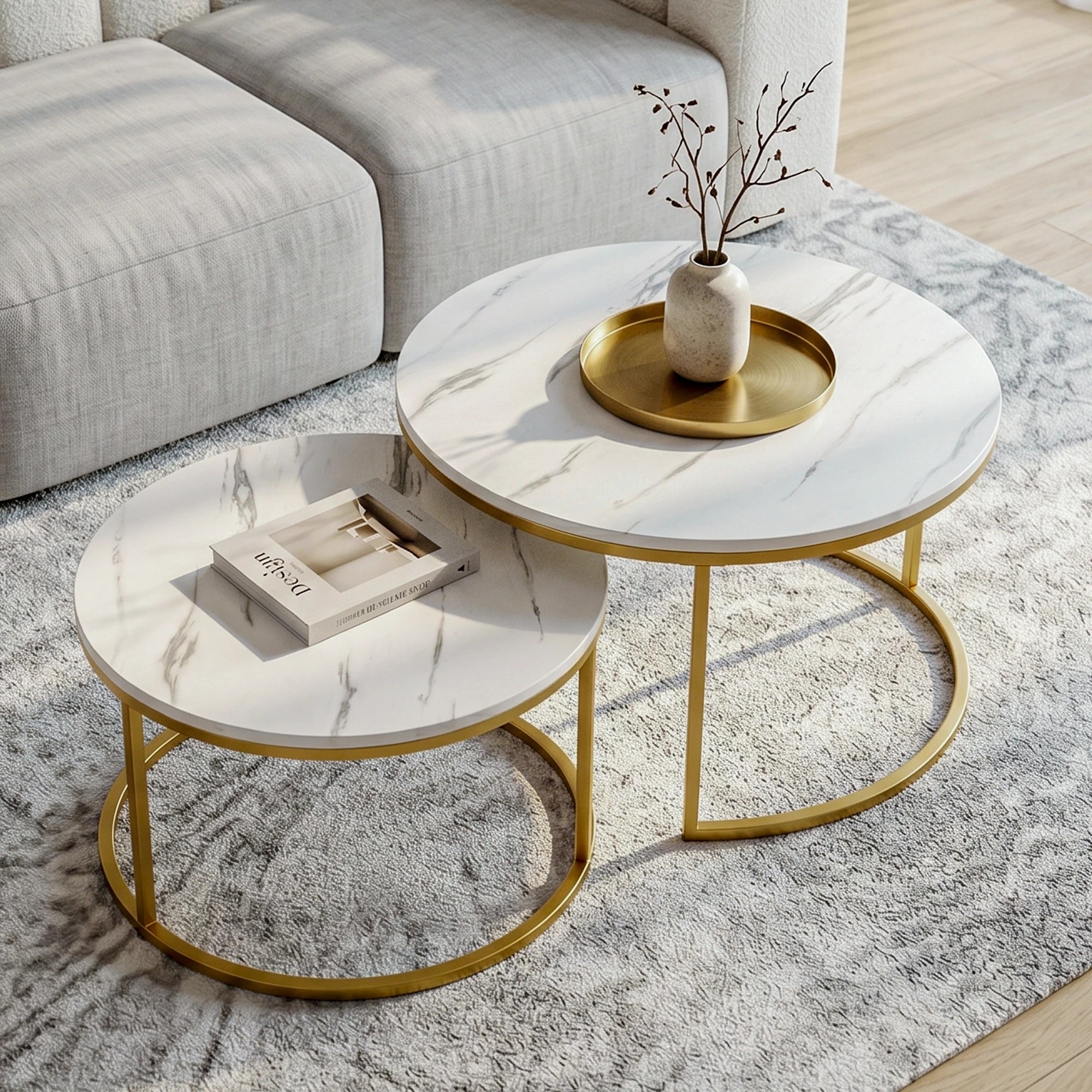 4 Artiss Nesting Coffee Table Set of 2 Round Marble Effect End Side Table 70/50cm - Multi, 4 of 8