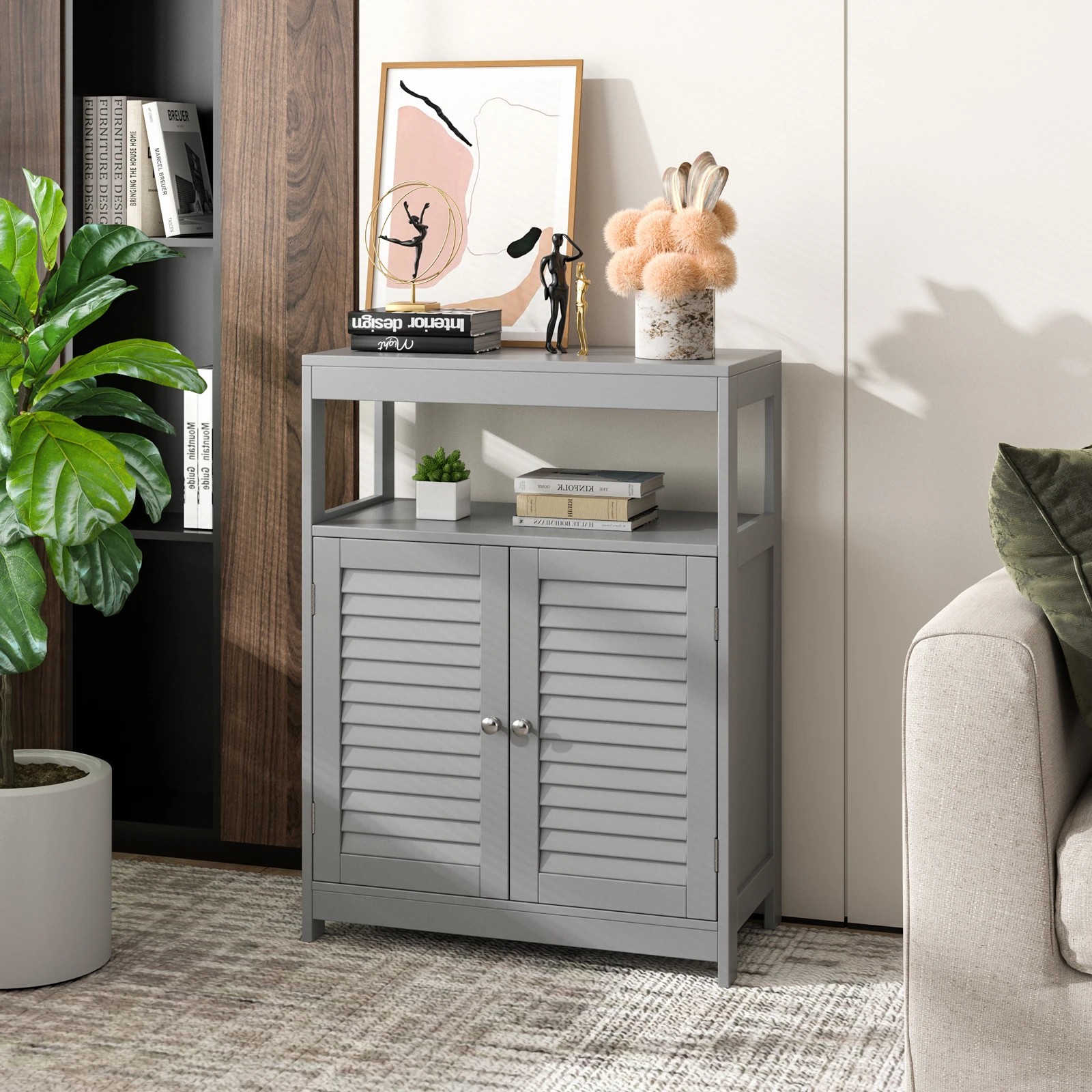 6 Costway Bathroom Storage Cabinet Floor Storage Cupboard w/2 Doors & Open Shelf - Grey, 6 of 7