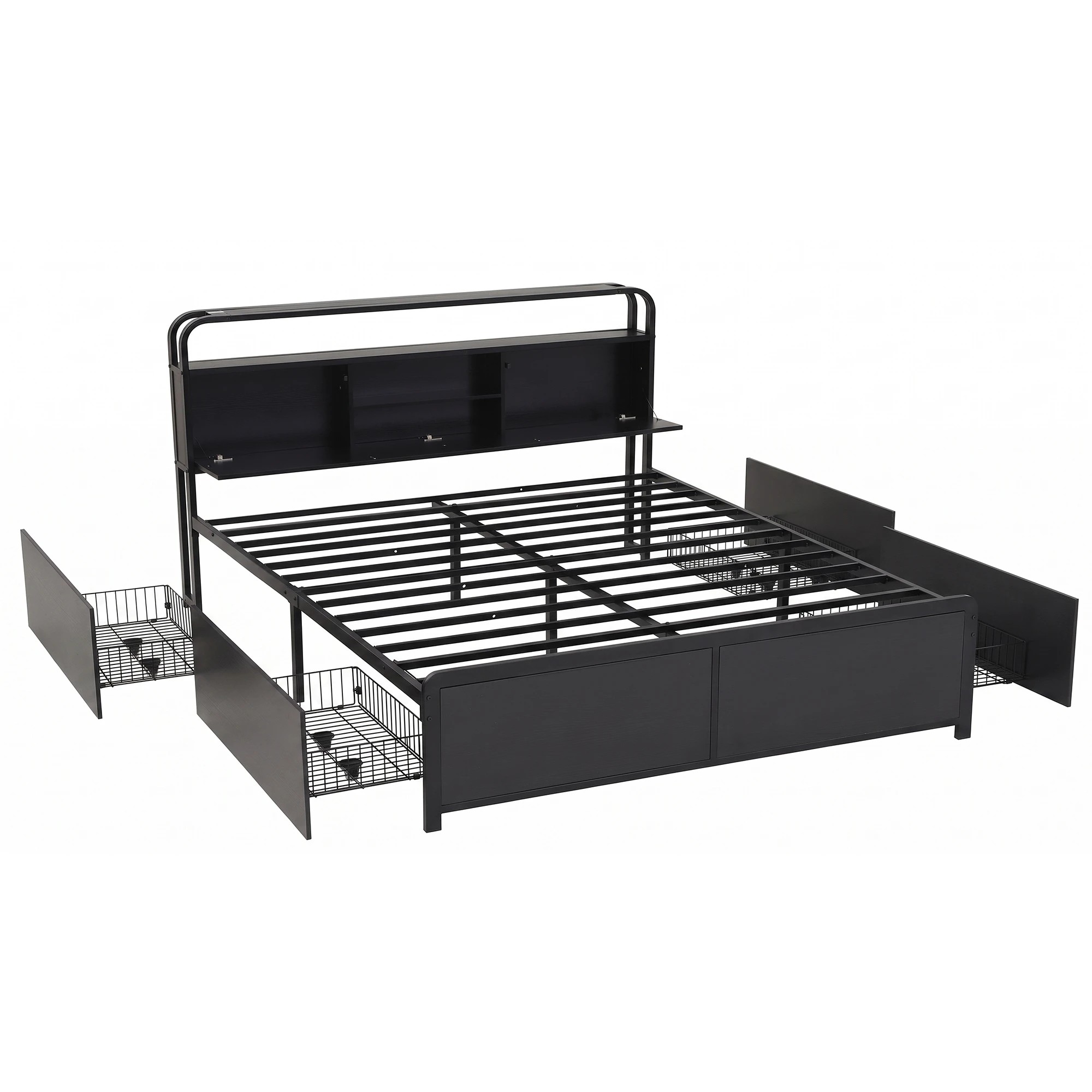1 Artiss Metal Bed Frame 4 Drawers Hidden Storage Headboard HEDY  - King Bed - Black, 1 of 8