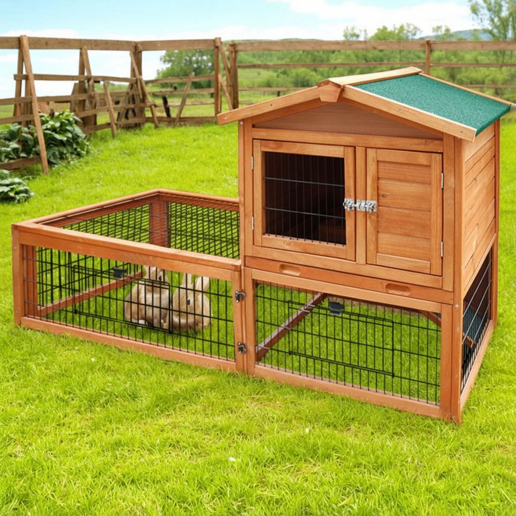 2 i.Pet Chicken Coop Rabbit Hutch Large Run Wooden Cage Pet House Outdoor Bunny - Brown, 2 of 9