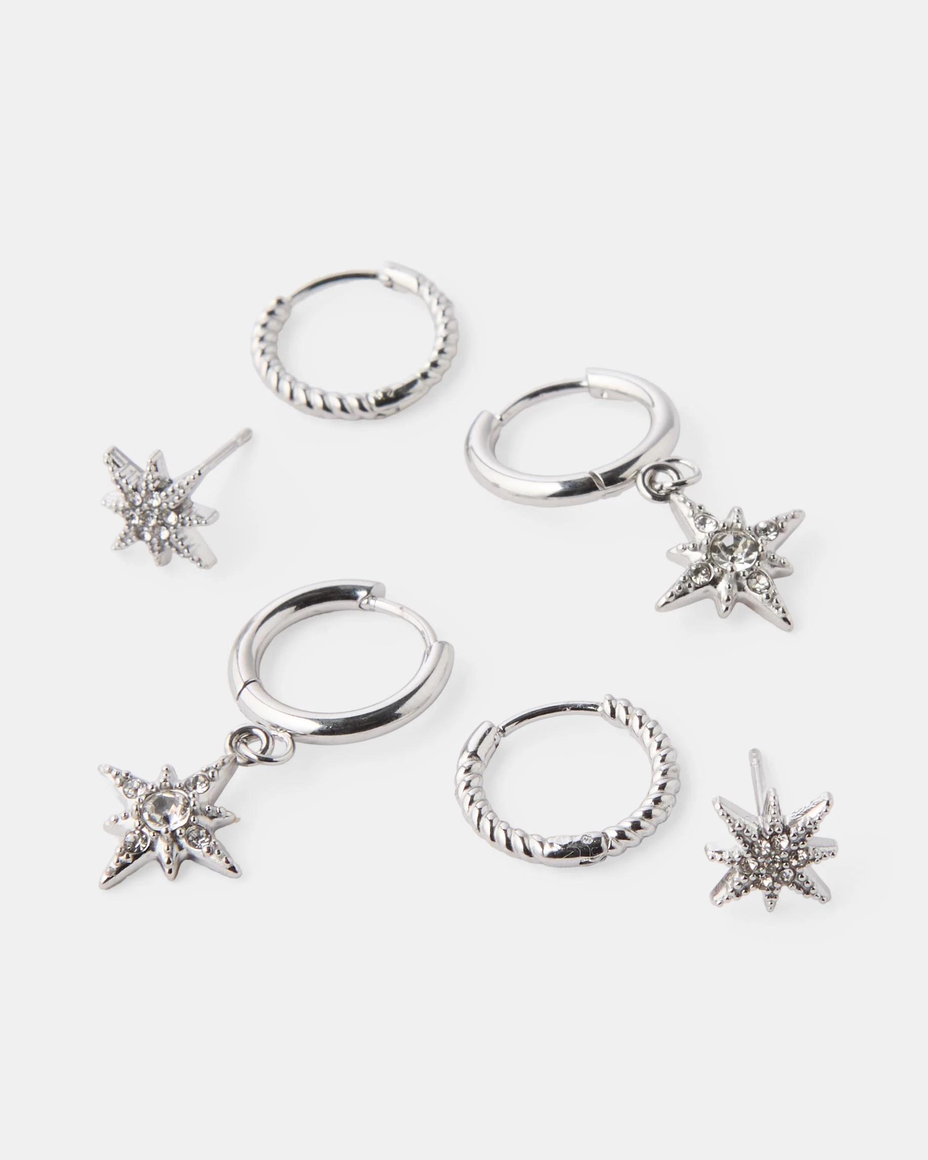 2 3 Pack Waterproof Stainless Steel Star Earrings - Silver Tone Silver, 2 of 3