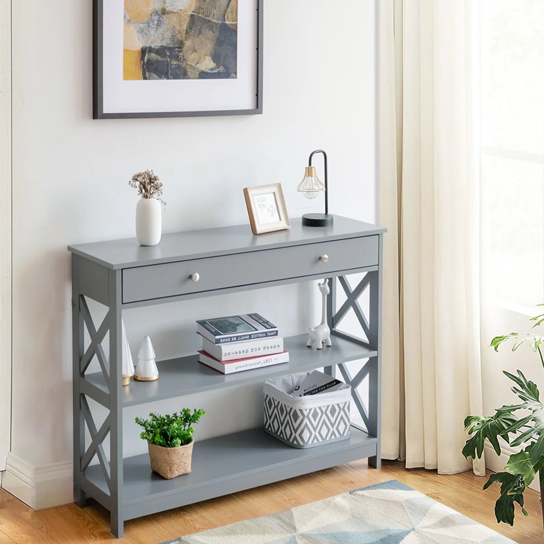 3 Costway 3-Tier Console Table w/Drawer Display Table - Grey, 3 of 8