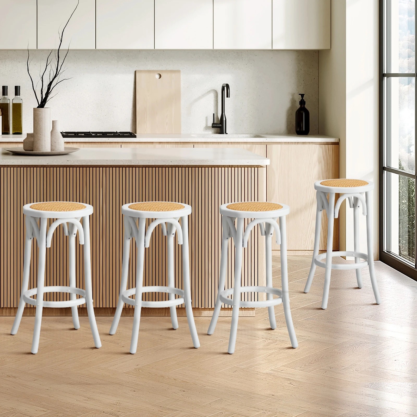 2 Oikiture Set Of 4 Bar Stools Kitchen Vintage Dining Chair Rattan Seat
 - White, 2 of 10