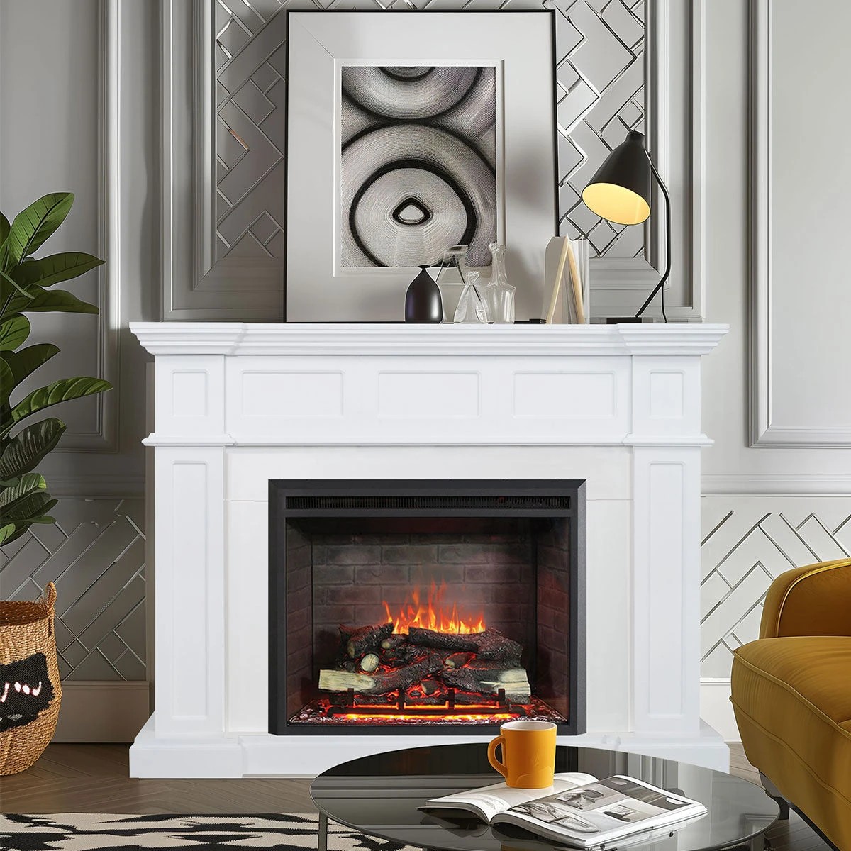 1 Moda Living Hudson Electric Fireplace Heater White Mantel Suite with Primo Insert - White, 1 of 5