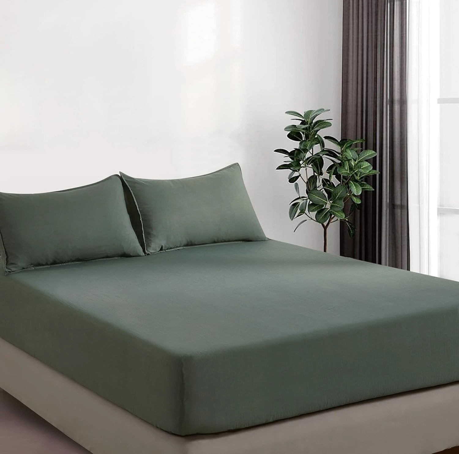 2 CleverPolly 100% Vintage Washed Microfibre Fitted Sheet Set - Khaki Green - Queen Bed, 2 of 5