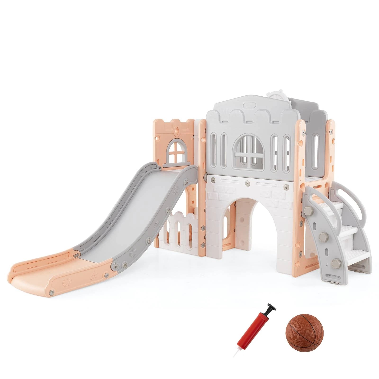1 Costway 9 in 1 Kid Slide Set Slide & Climber Playset w/Basketball Hoop - Pink, 1 of 1