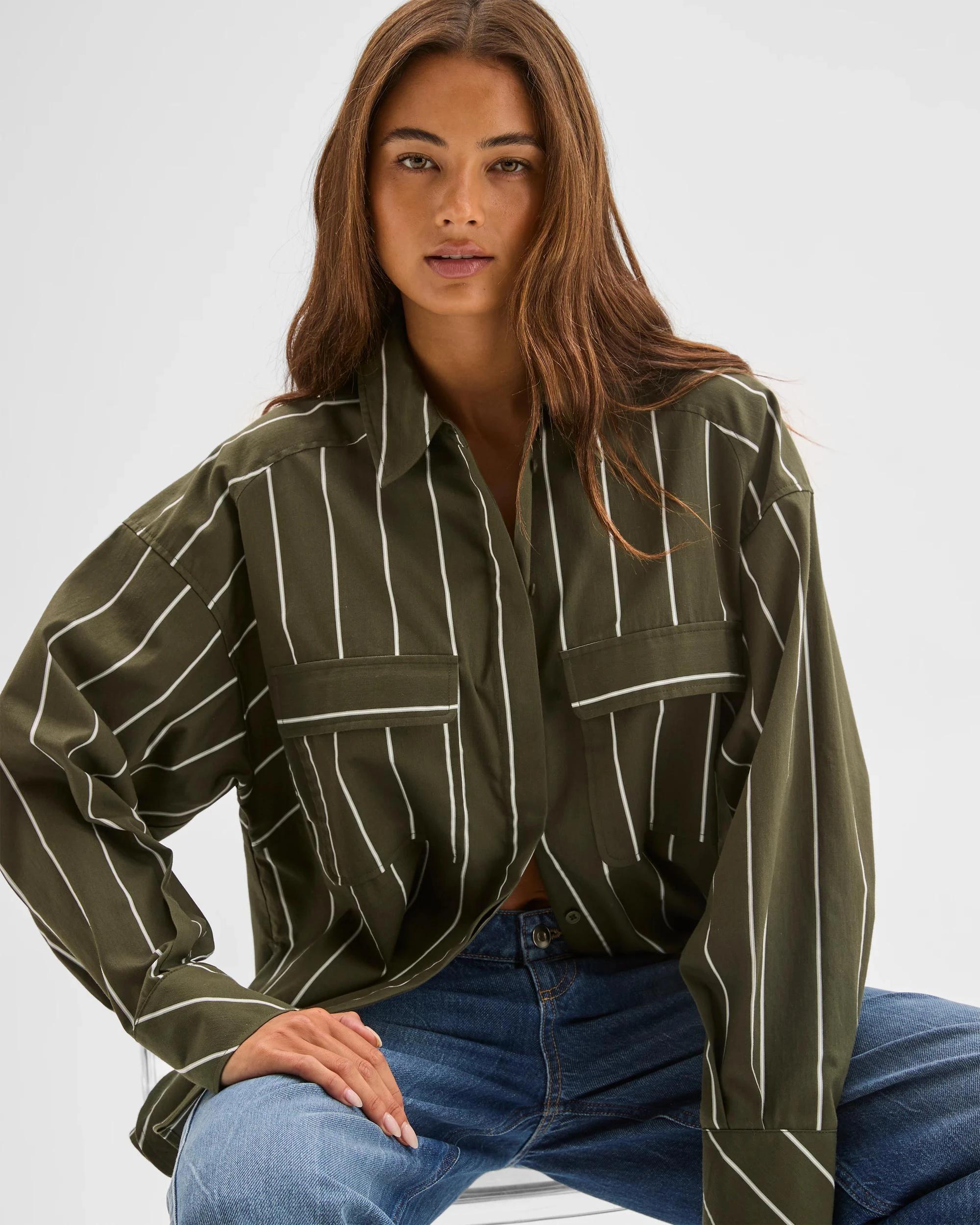 5 Lily Loves Australian Cotton Blend Oversized Shirt GREEN STRIPE, 5 of 7