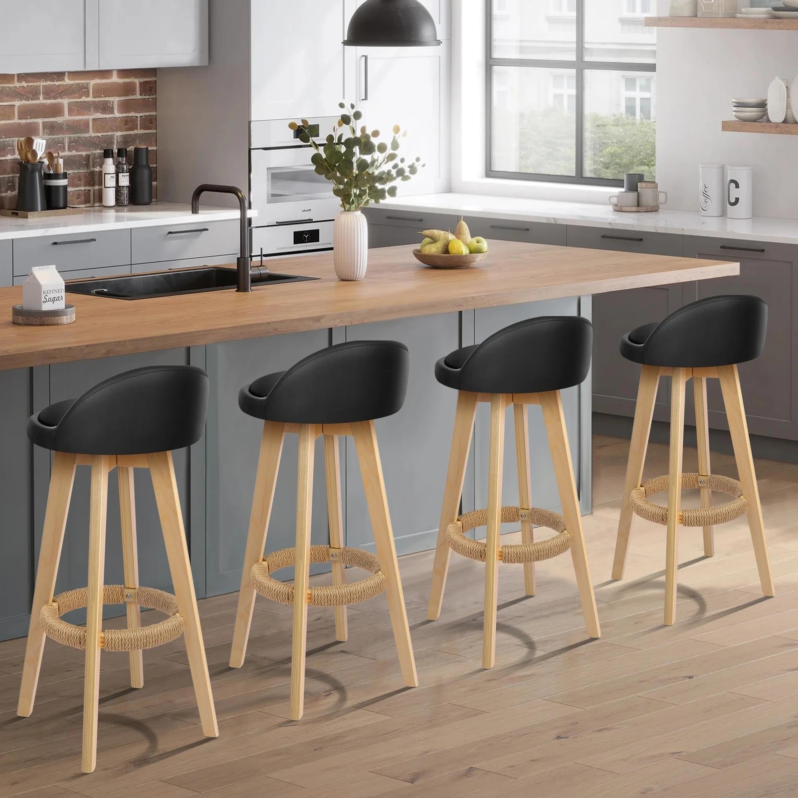 2 Alfordson 2x Kitchen Bar Stools Liam Wooden Swivel Bar Stool Chairs - Black, 2 of 9