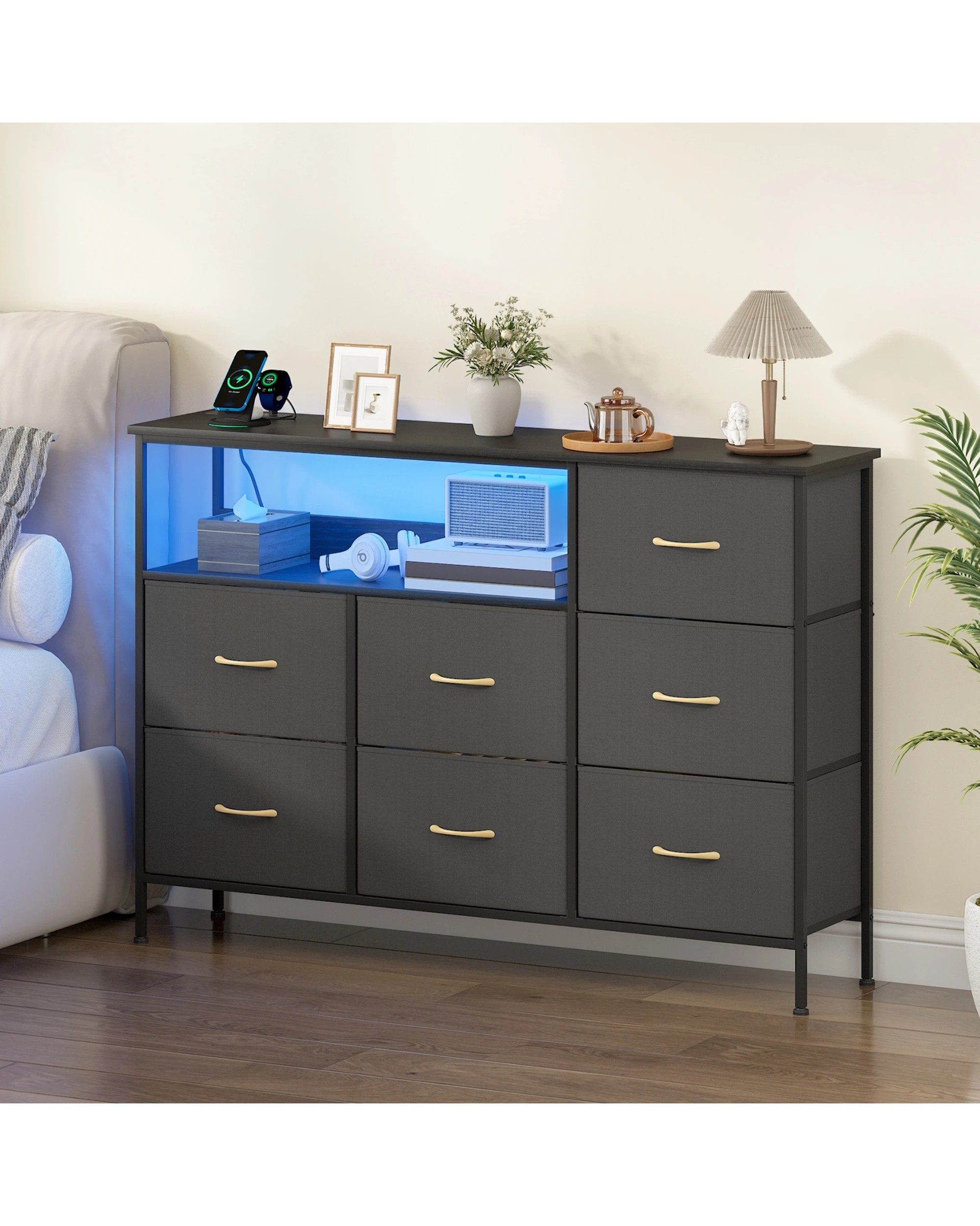 2 Advwin Chest of 7 Drawers?with Open Shelf Storage Charging Station & LED Lights - Black, 2 of 10