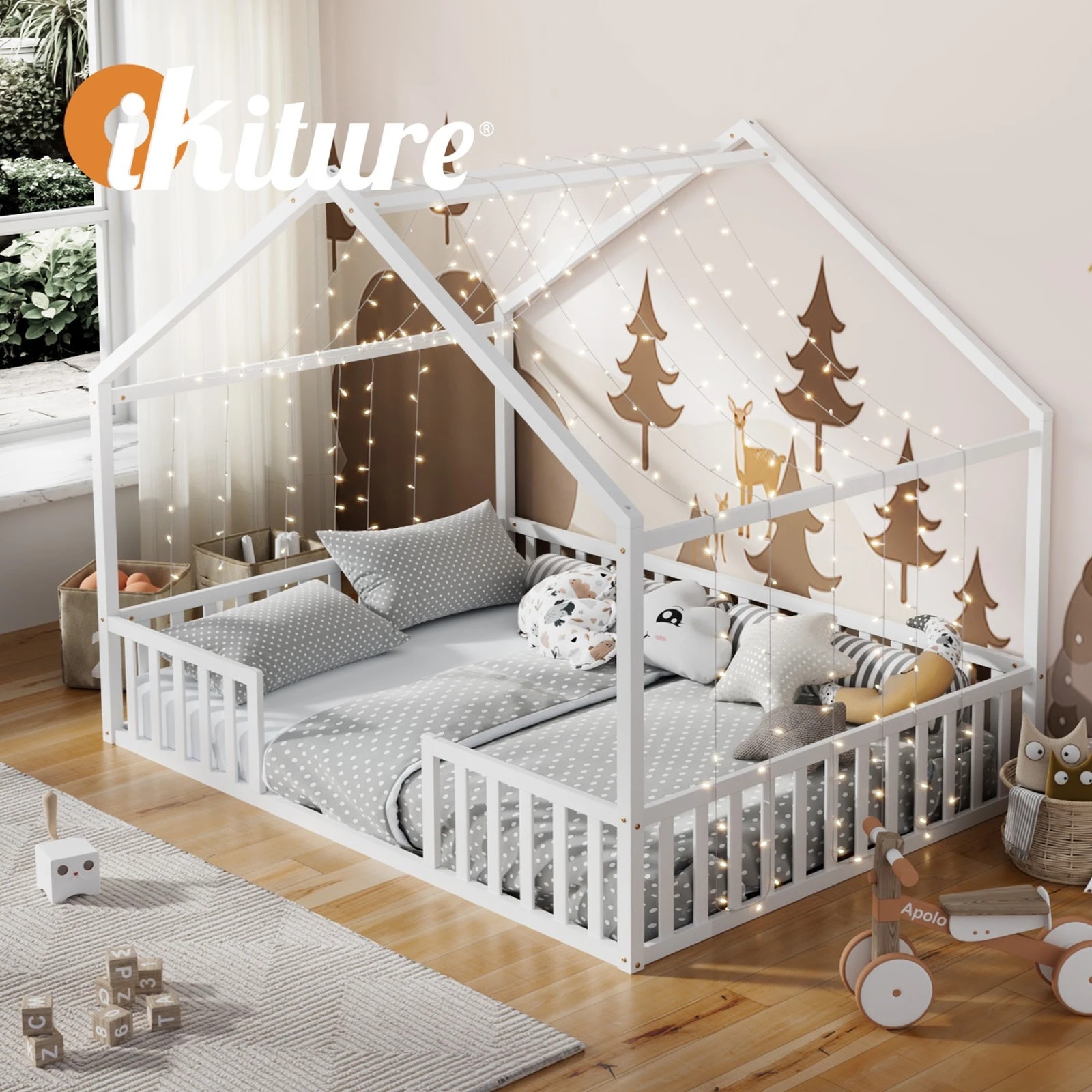 6 Oikiture Double House Bed Kids Wooden Bed Frame - White, 6 of 10