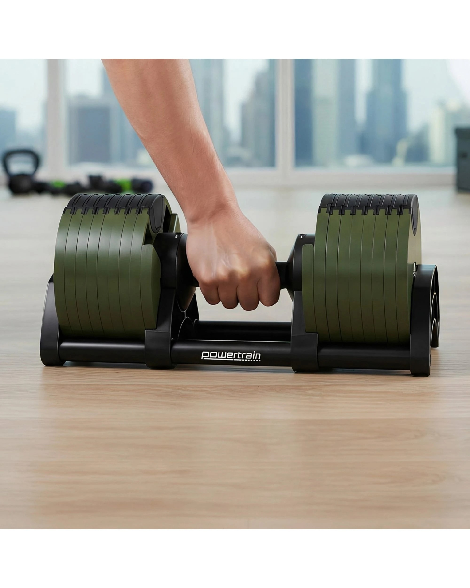 9 Powertrain Eon Dial Up 72KG Adjustable Dumbbell Pair Stand 9 Weight Options Safety Lock Easy Adjustment - Green, 9 of 10