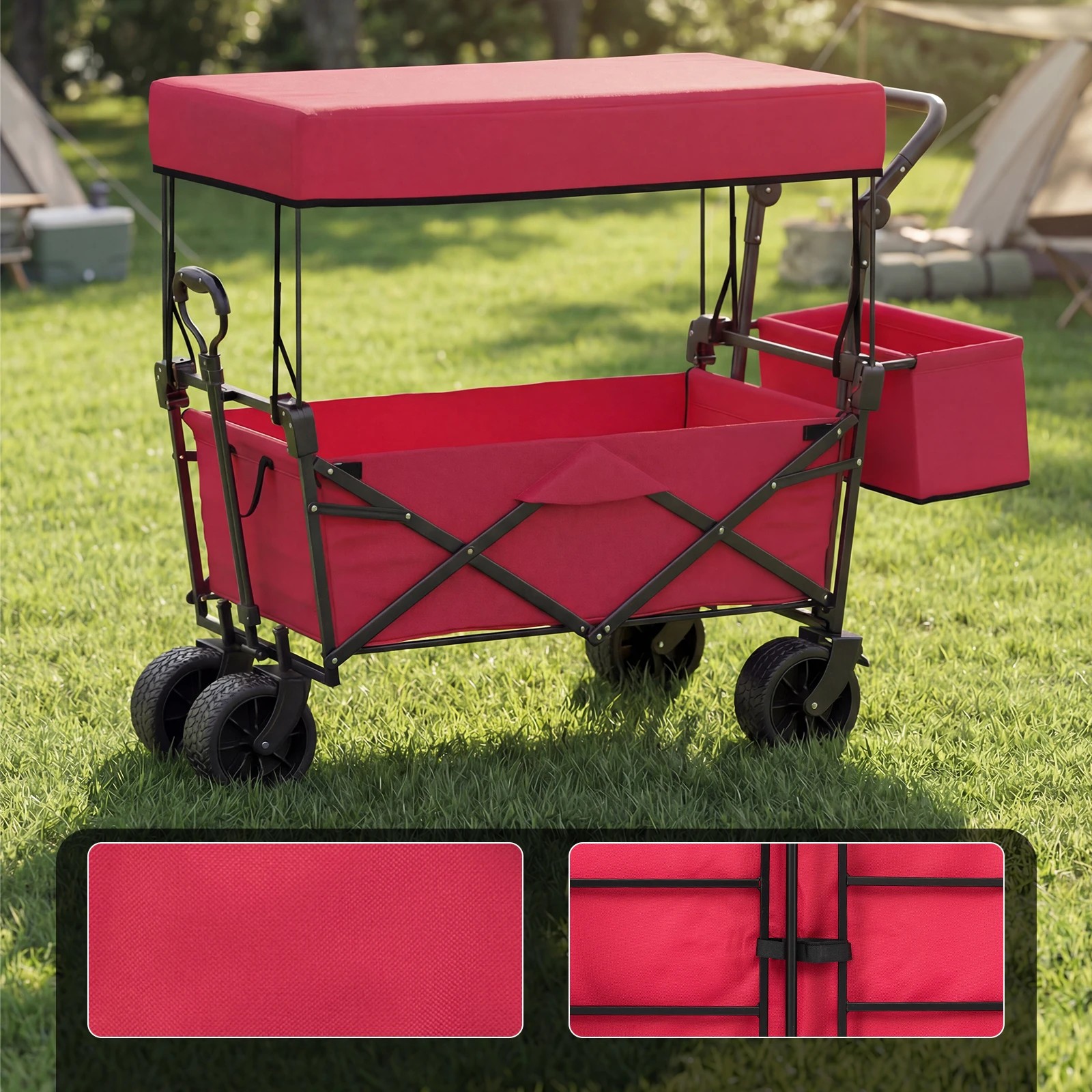 2 Costway Folding Wagon Garden Cart Utility Trolley Outdoor Top Canopy Trailer w/Adjustable Handles - Red, 2 of 5