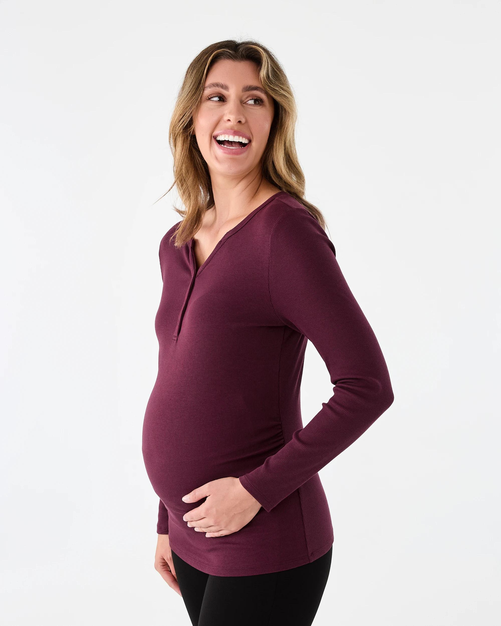 2 Maternity Long Sleeve Henley Feeding Top Red Royale, 2 of 6
