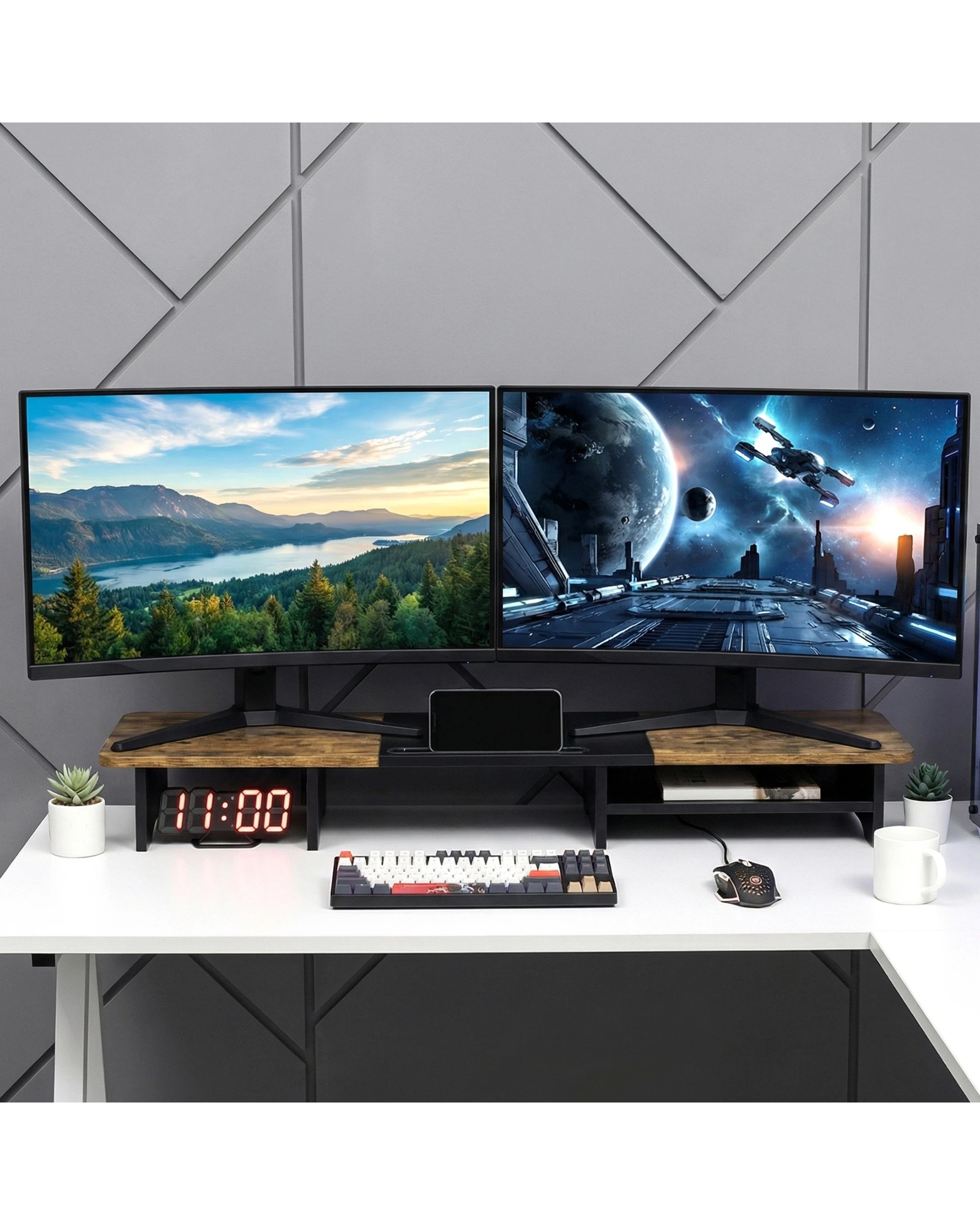4 Advwin 100cm Dual Monitor Stand Riser Wood Desktop Organizer with Storage Space, 4 of 9