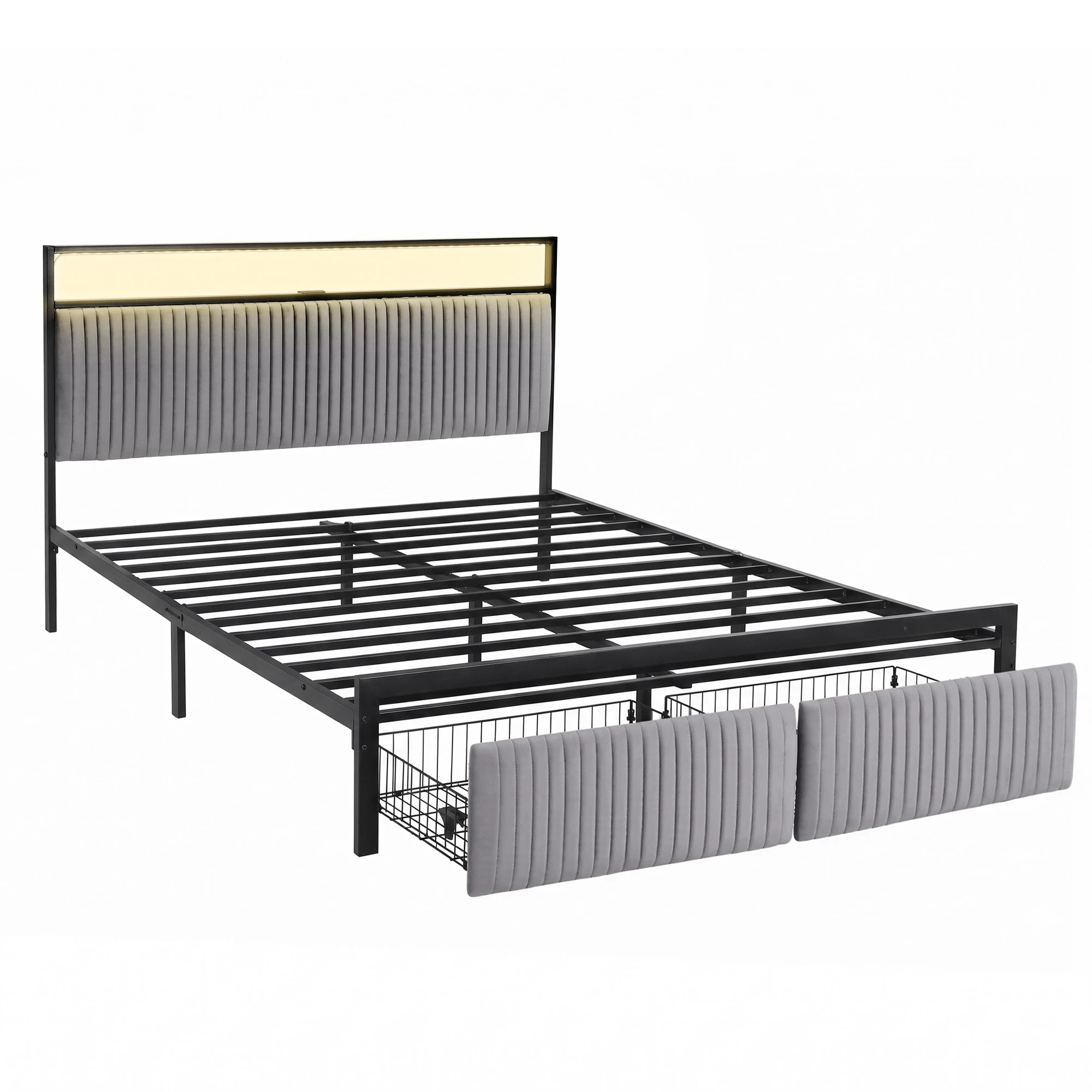 1 Artiss Metal Bed Frame Queen Size LED Charging Station 2 Drawers - Black, 1 of 8
