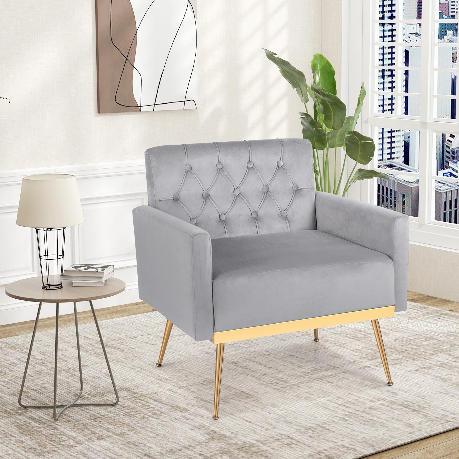 2 Costway Modern Accent Armchair Velvet Sofa Chair w/Button Tufted Back & Golden Metal Legs - Grey, 2 of 5