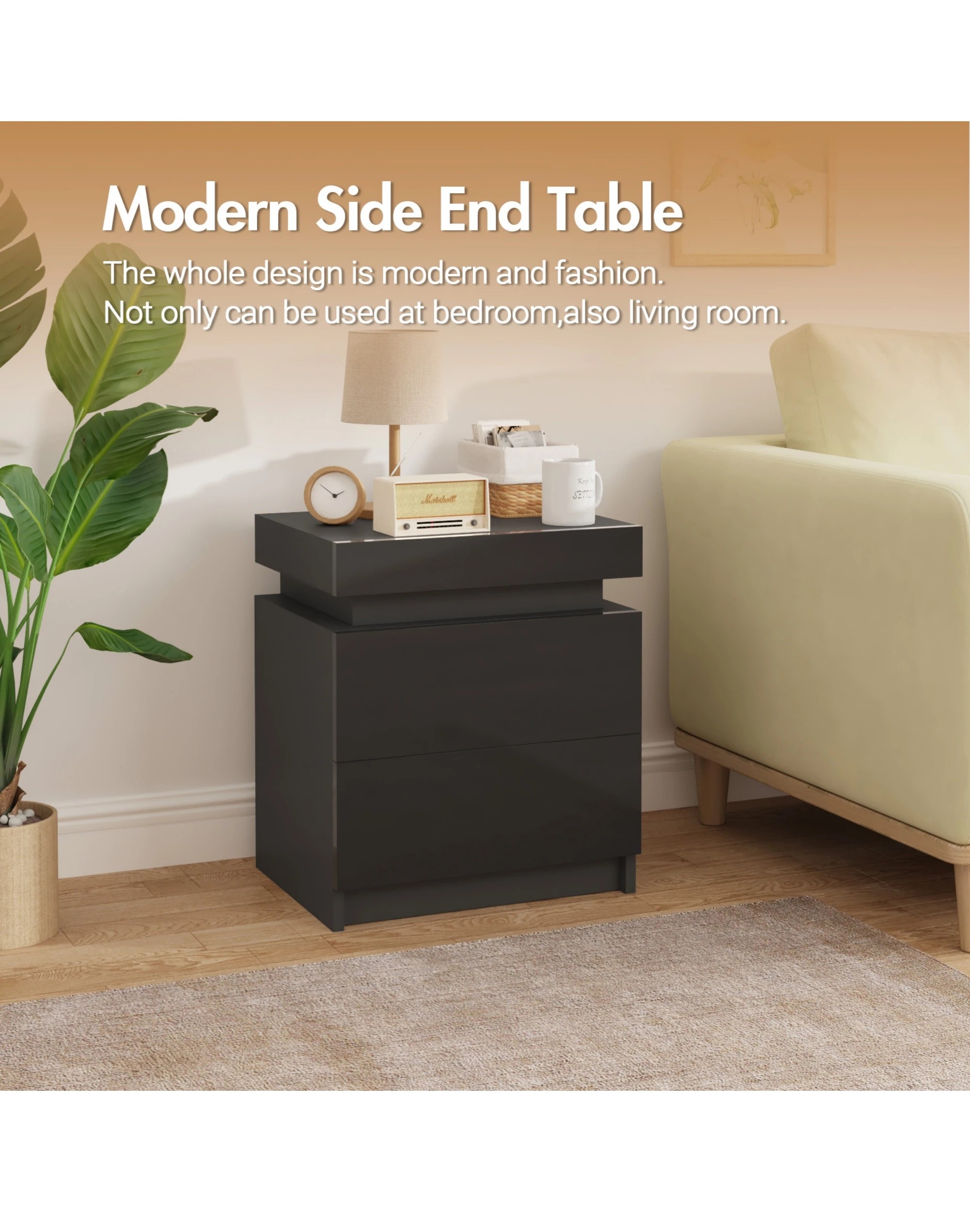 6 Advwin Set of 2 LED Bedside Table 2 Drawers Lift Up Nightstand, 6 of 8