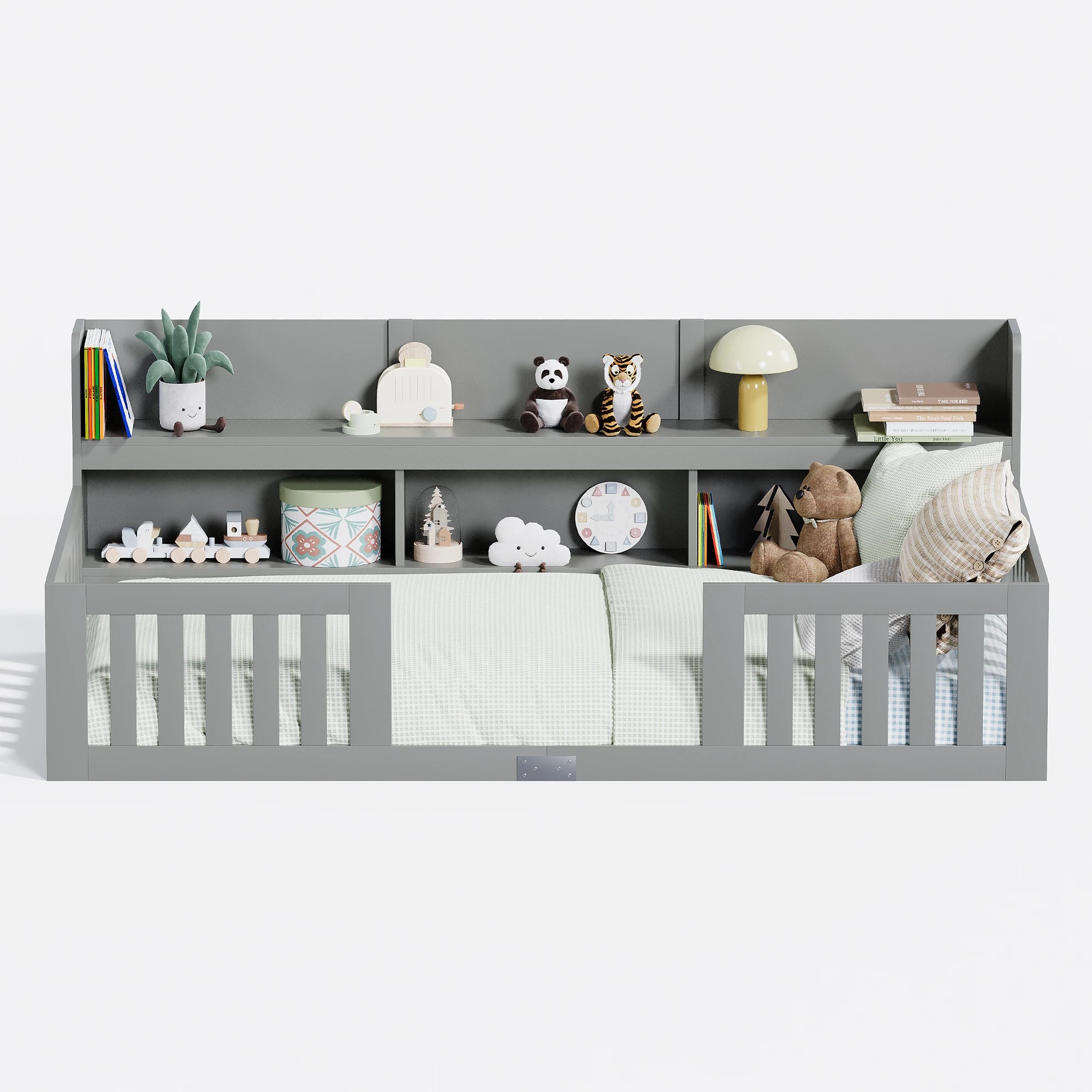 3 Advwin Kids Bed Frame with bookcase Wood Montessori Toddler Floor Bed with Safety Guardrail - Grey, 3 of 10