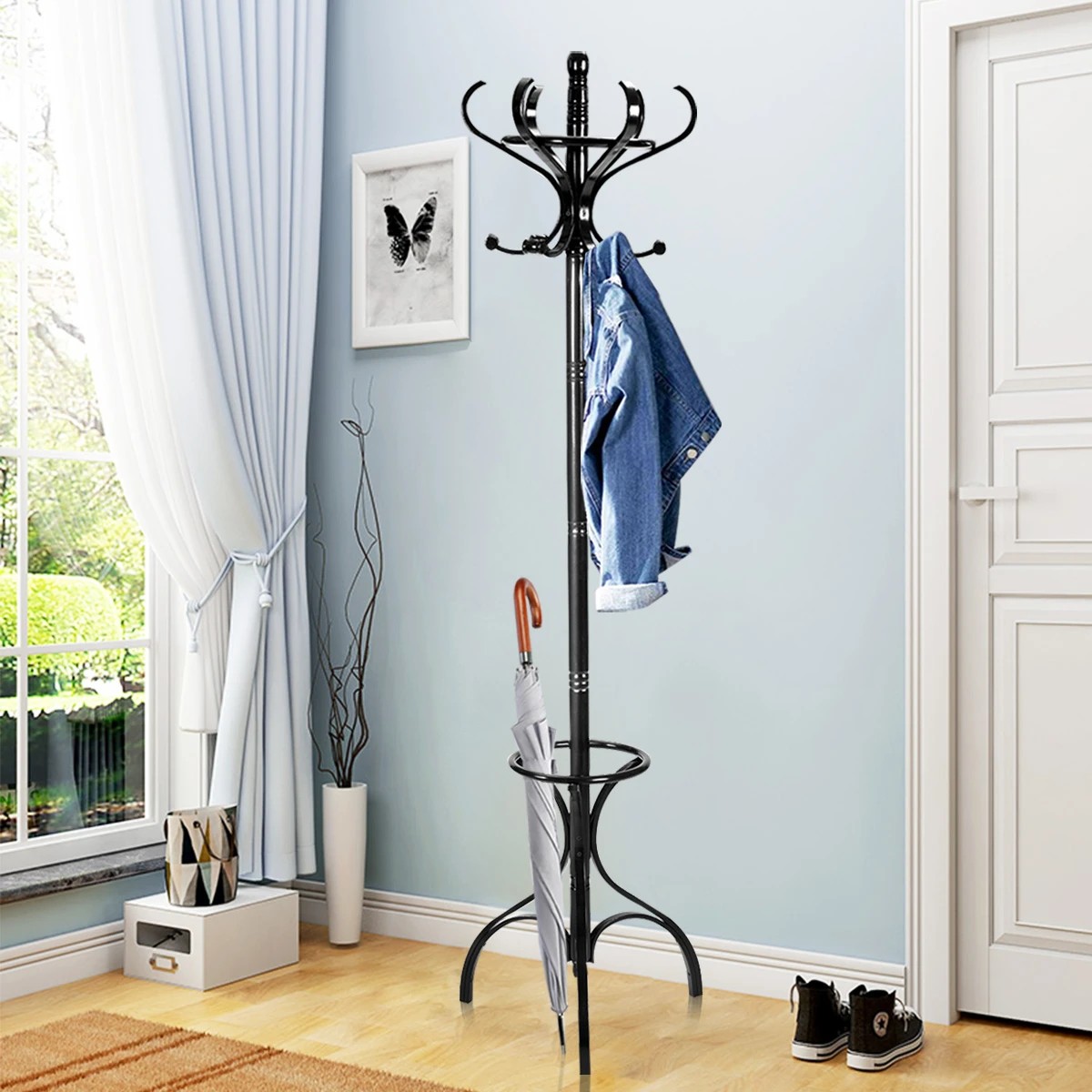3 Costway 181CM Wood Coat Rack Hat Clothes Hanger w/Umbrellar Holder & 12 Hooks - Black, 3 of 3