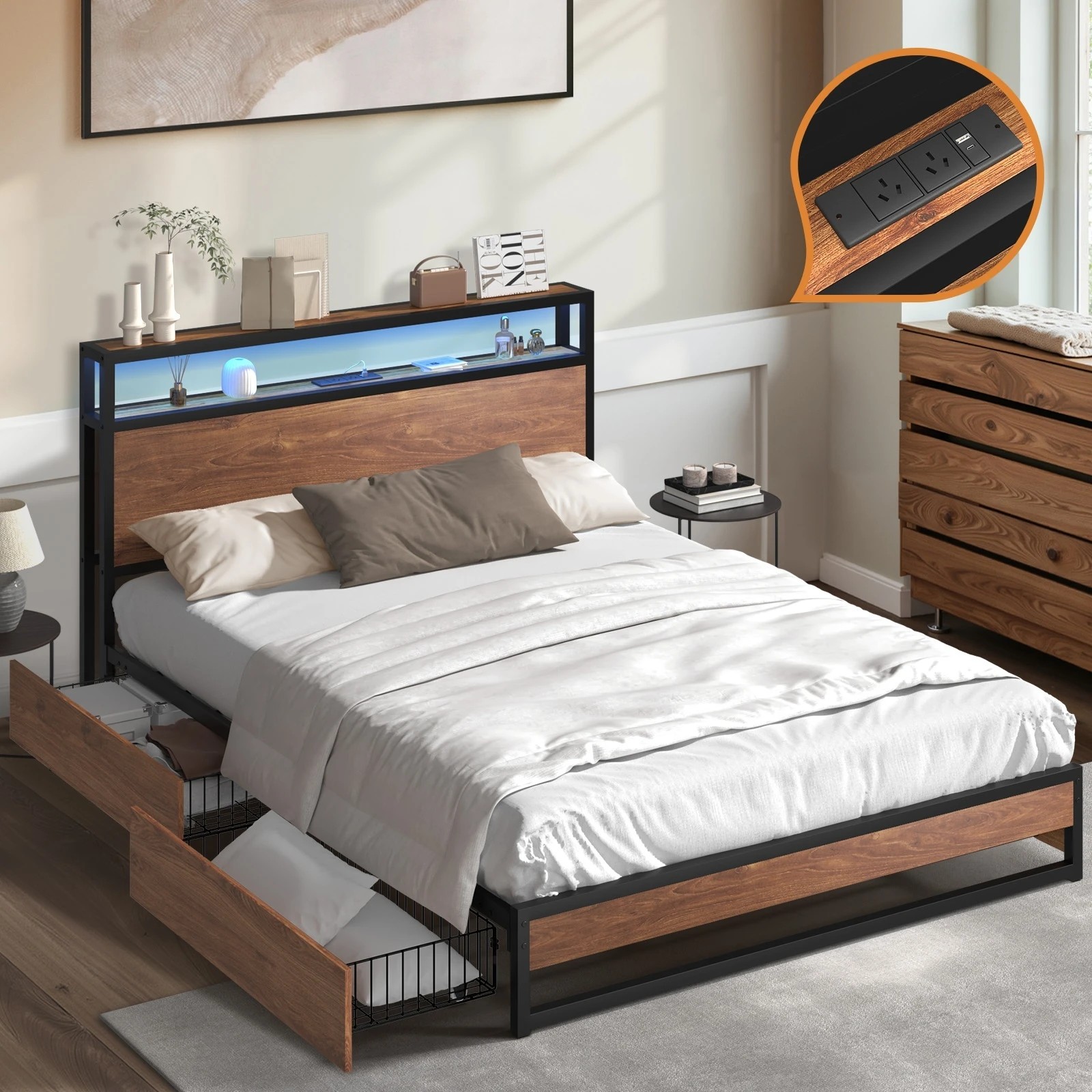 5 Oikiture Metal Bed Frame King Size With Led Headboard Storage Drawers Usb
 - Black, 5 of 7