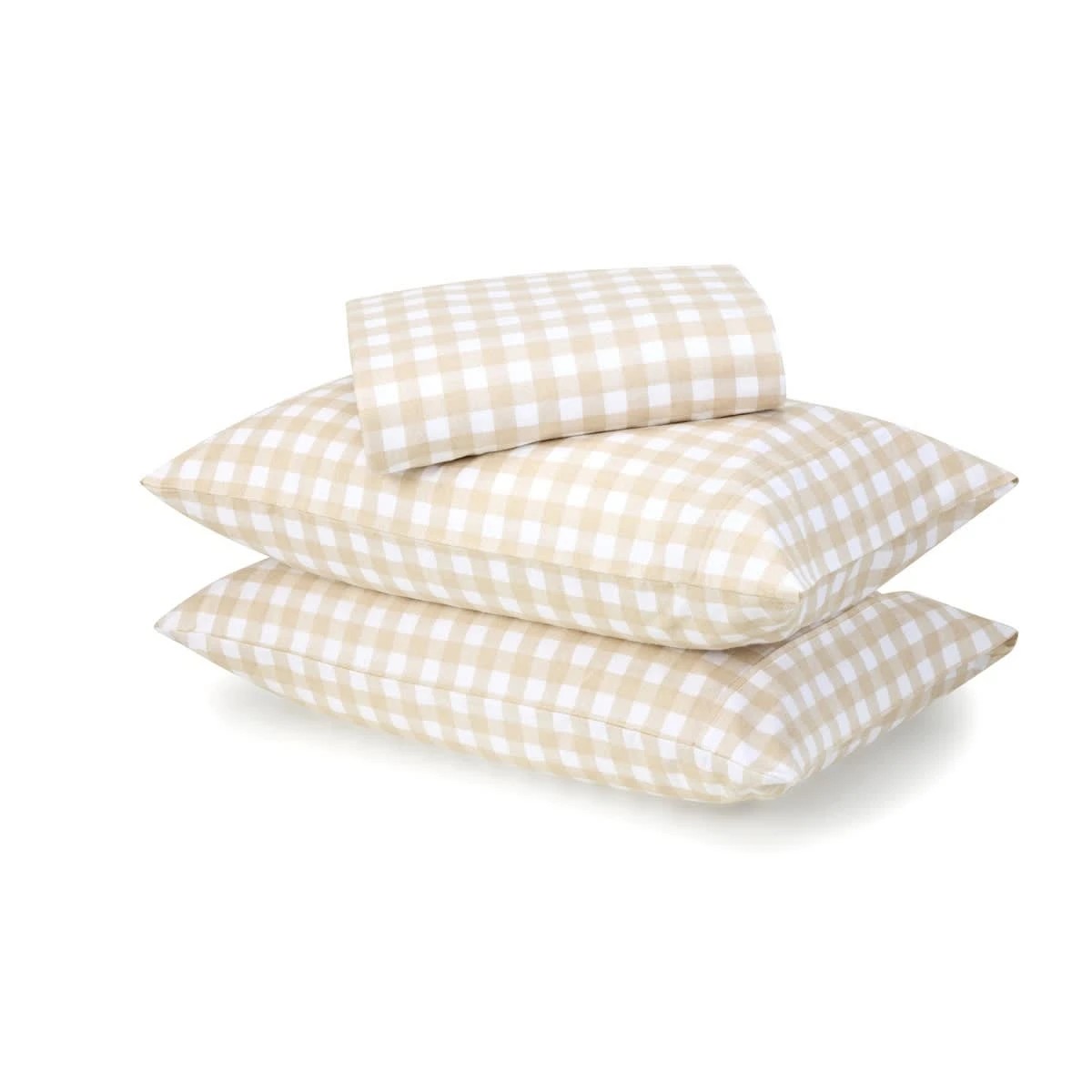 1 Gingham Cotton Flannelette Sheet Set - Queen Bed, Tan, 1 of 8