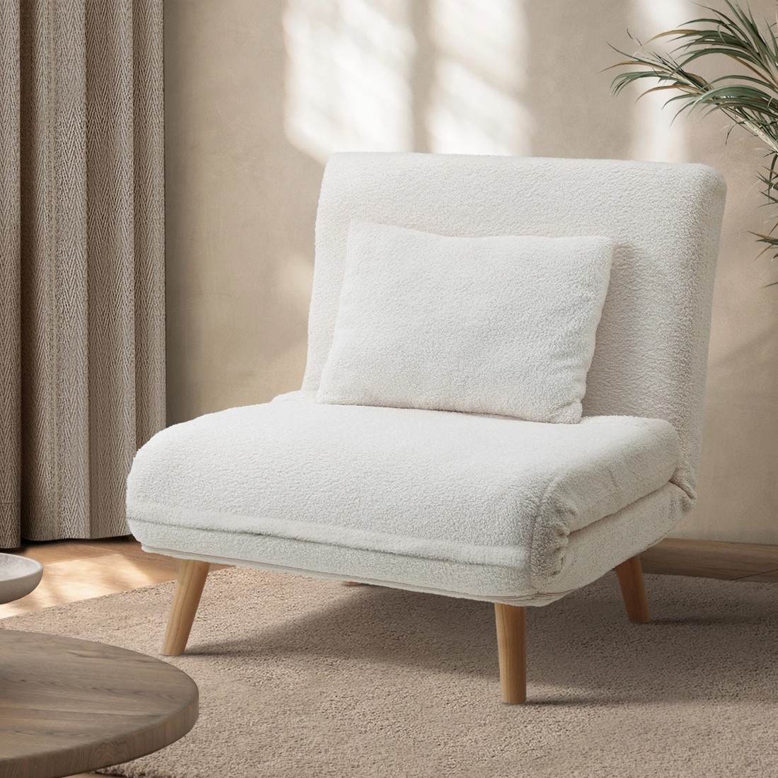 2 Oikiture Sofa Bed Lounge Chair Sherpa Fabric Recliner Wood Leg Single Seat
 - White, 2 of 10