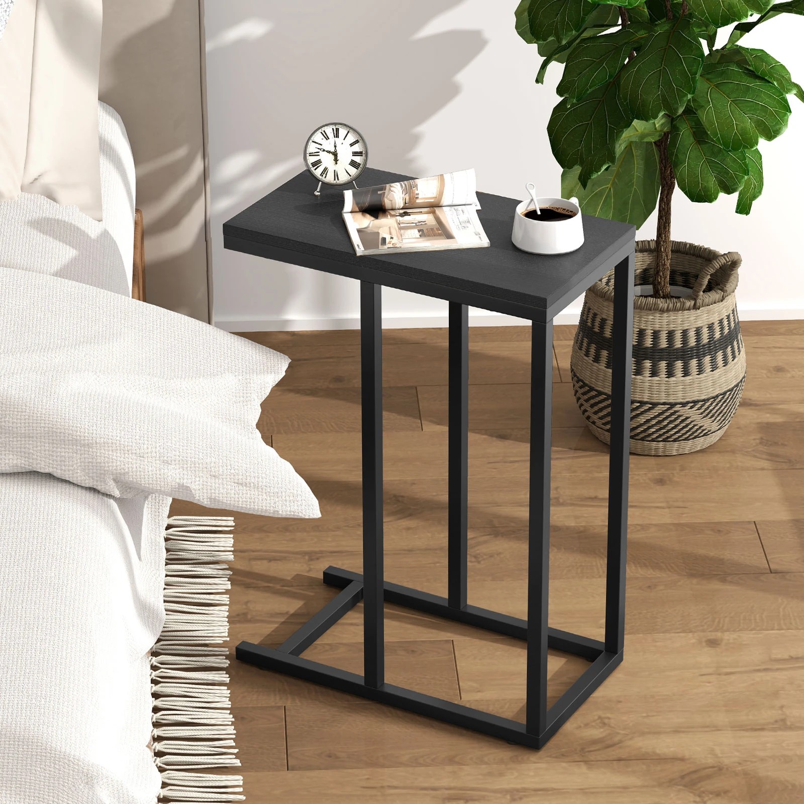 3 Costway C-Shaped Side Table Laptop Desk Sofa End Table Wood Bedside Table, 3 of 4