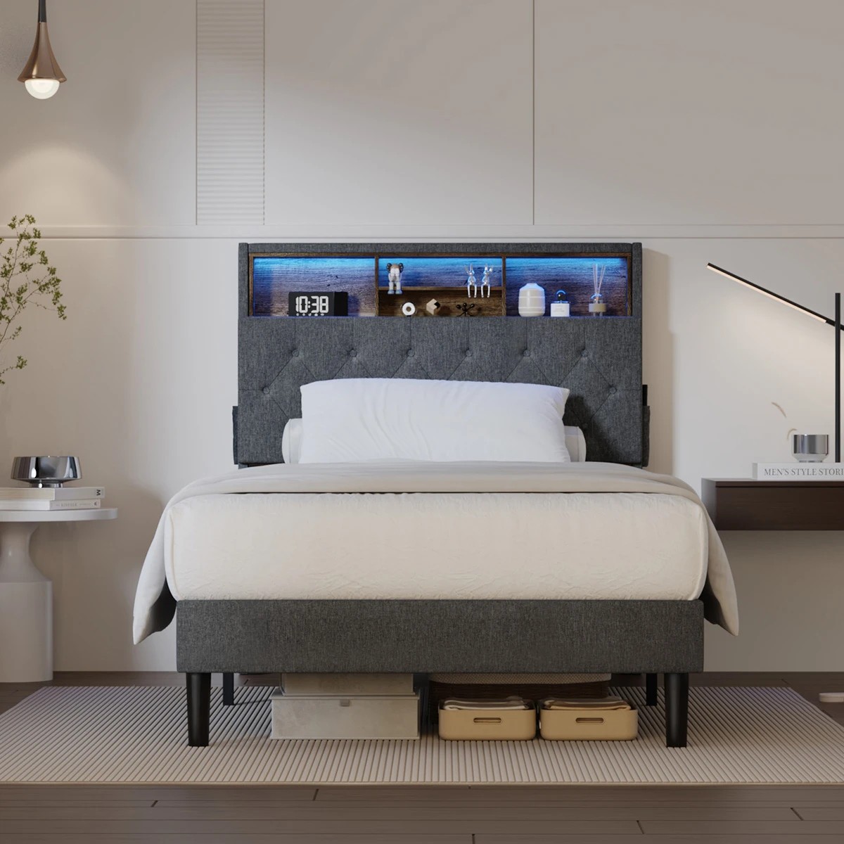 3 Oikiture King Single Bed With Led Storage Bedhead Bed Frame
 - Grey, 3 of 10