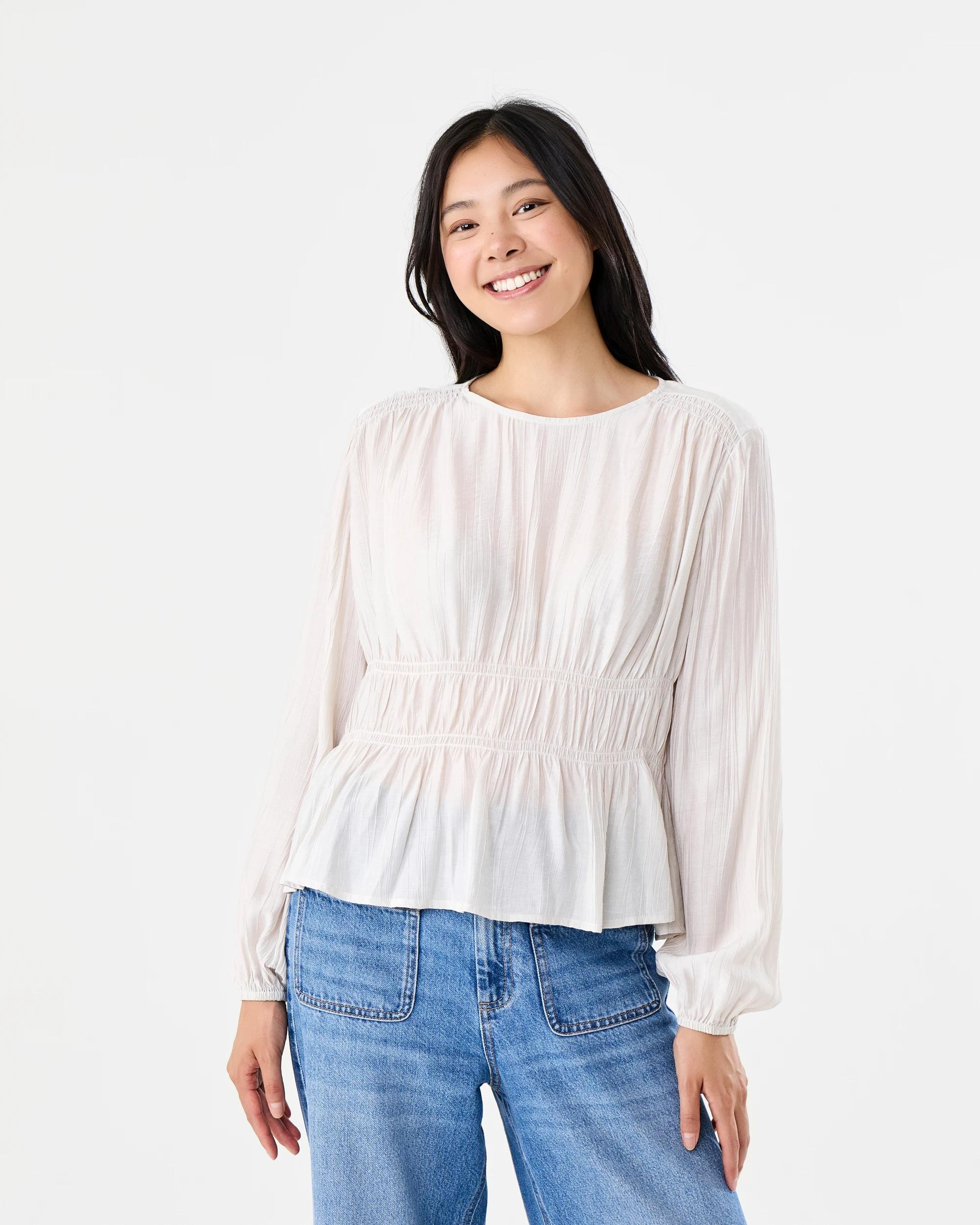 1 Long Sleeve Shirred Detail Top Nat Beige, 1 of 7