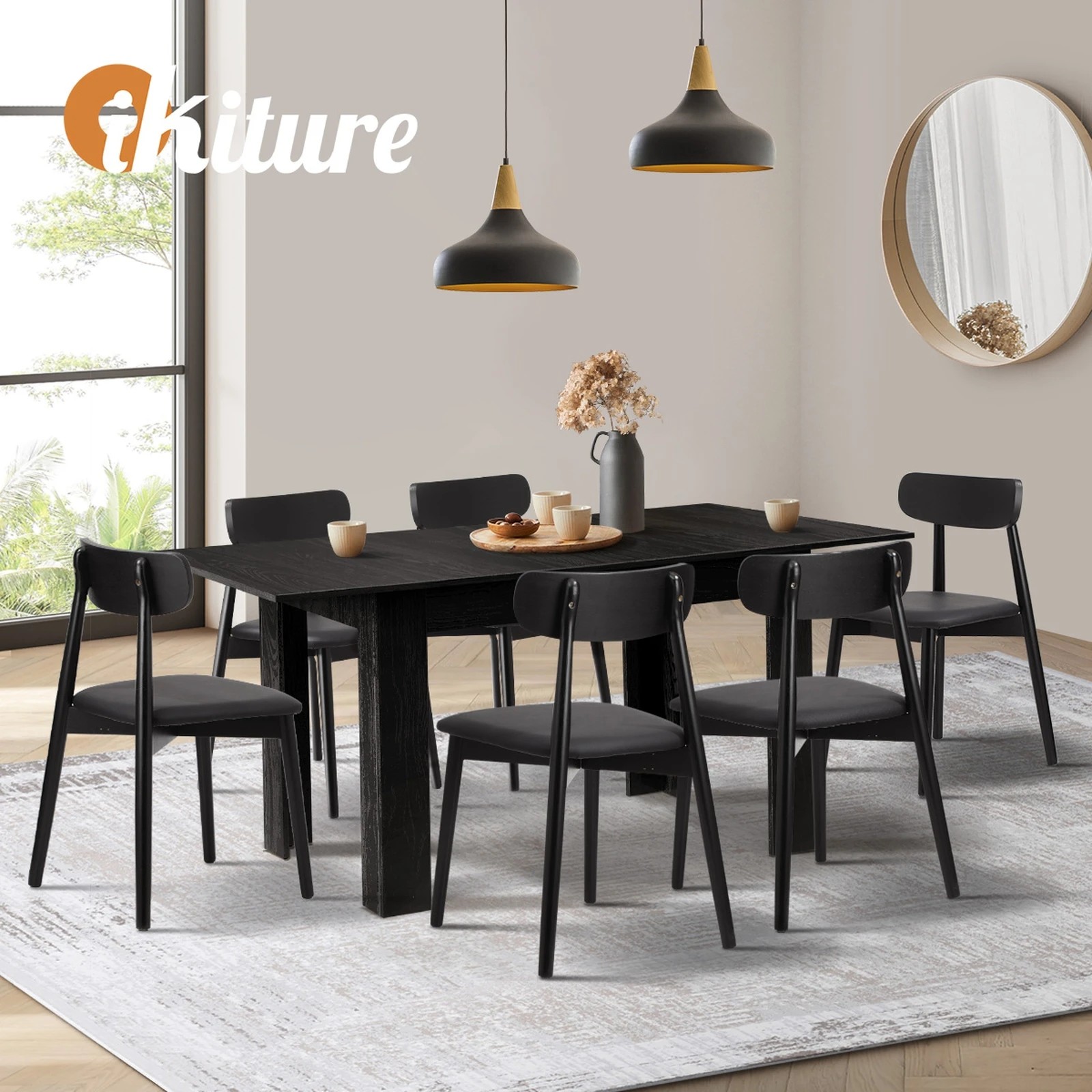6 Oikiture 160cm Extendable Dining Table with 6x Dining Chairs PU Leather - Black, 6 of 9