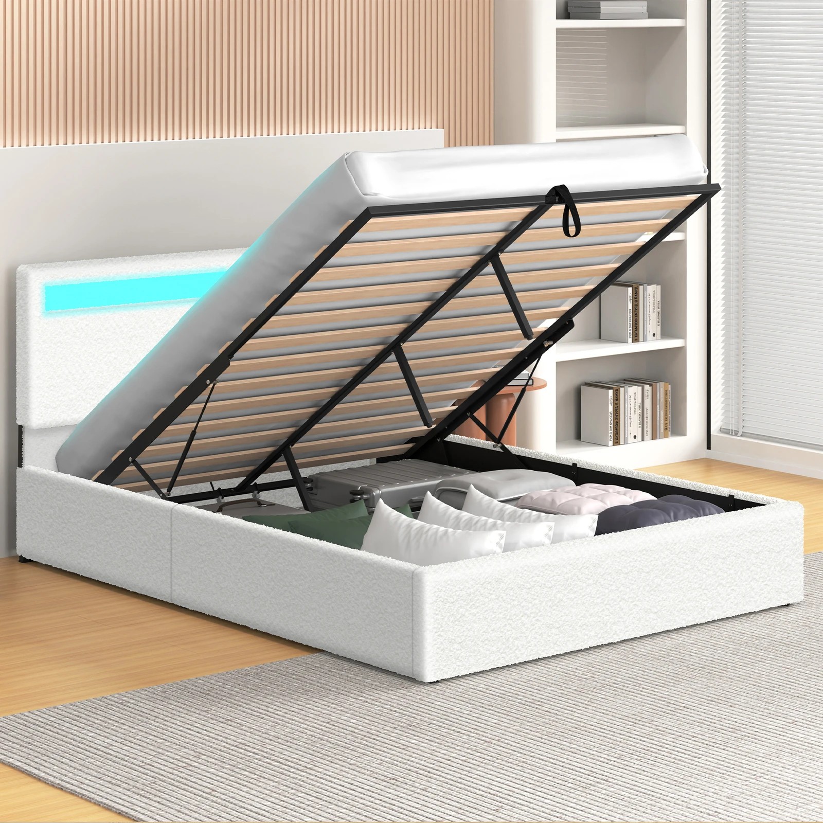 4 Alfordson Bed Frame Double Size RGB LED Gas Lift Storage Base Boucle Luchino - White, 4 of 10
