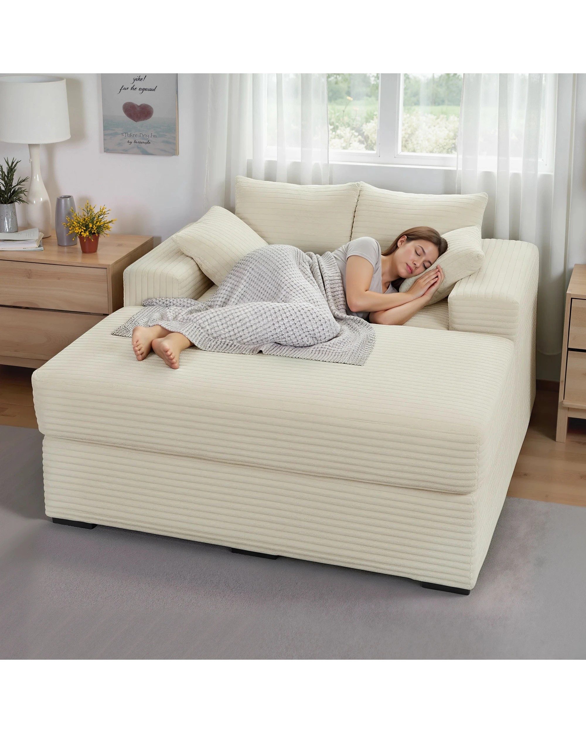 6 Advwin 148cm Chaise Lounge Chair w/ Storage Ottoman Corduroy Cloud Couch Oversized Sleeper Upholstered Sofa Bed, 6 of 9