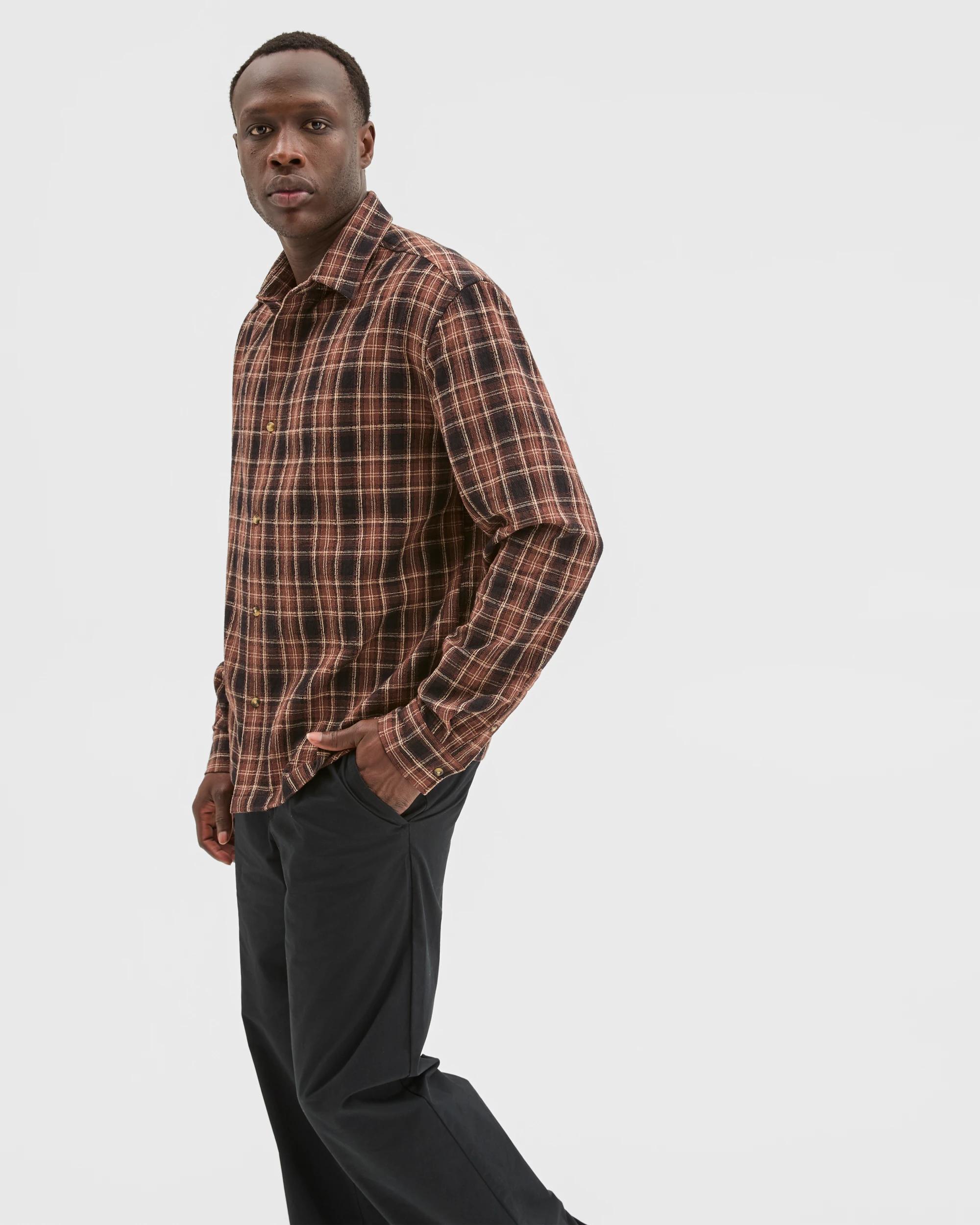 1 Commons Australian Cotton Boxy Fit Long Sleeve Textured Shirt TAN LARGE CHECK, 1 of 7