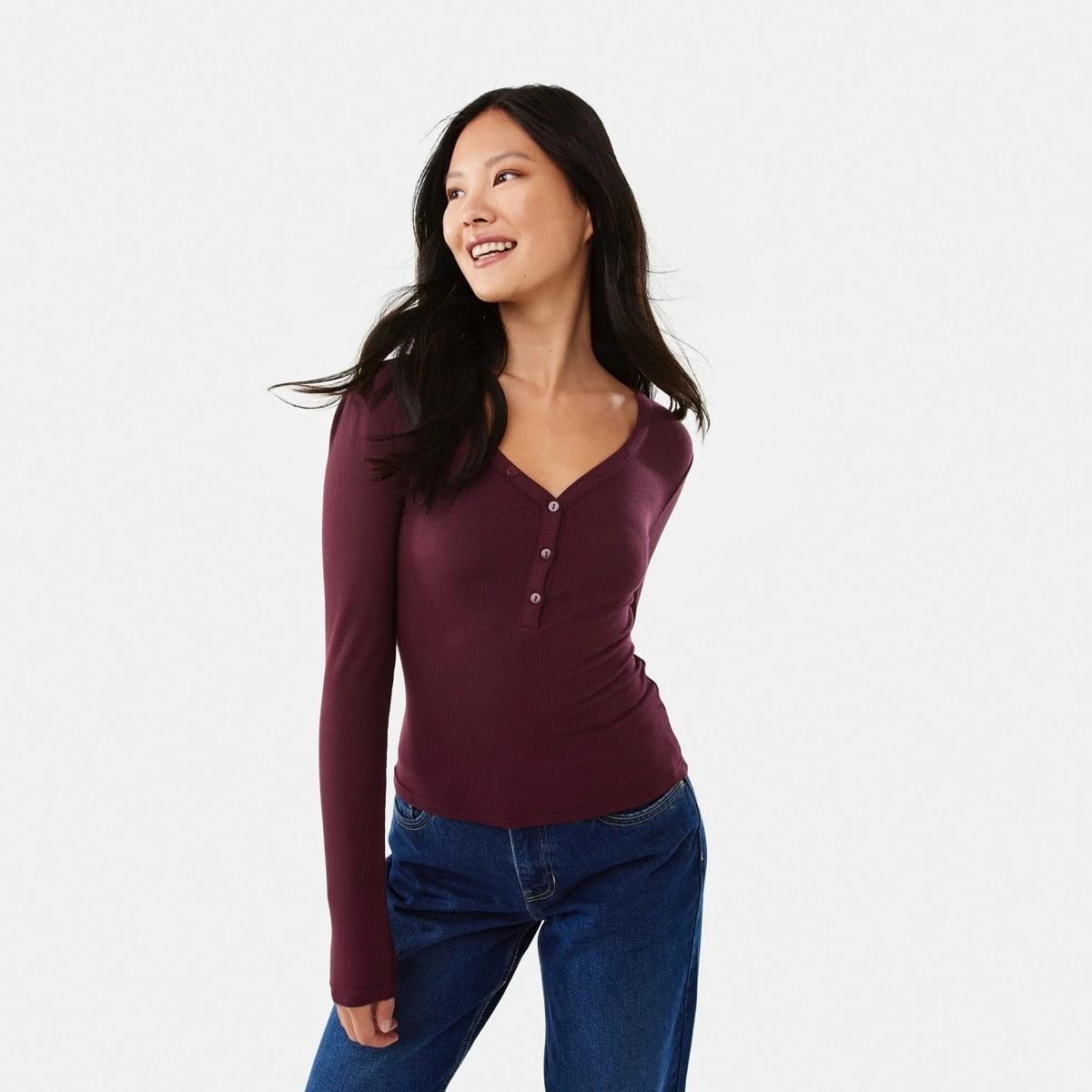 1 Long Sleeve Rib Henley Top Burgundy, 1 of 6