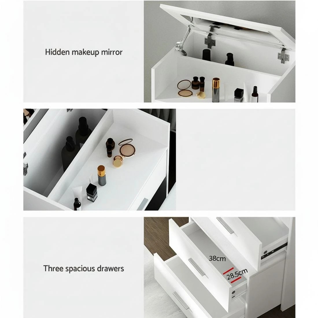 7 Artiss 2-in-1 Dressing Table Stool Set Bedside Table Vanity Mirror Stool Set Makeup Storage Easy Assembly - White, 7 of 8