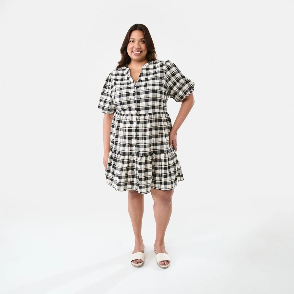 9 Curve Short Sleeve Smock Check Dress Chk Blk S, 9 of 9
