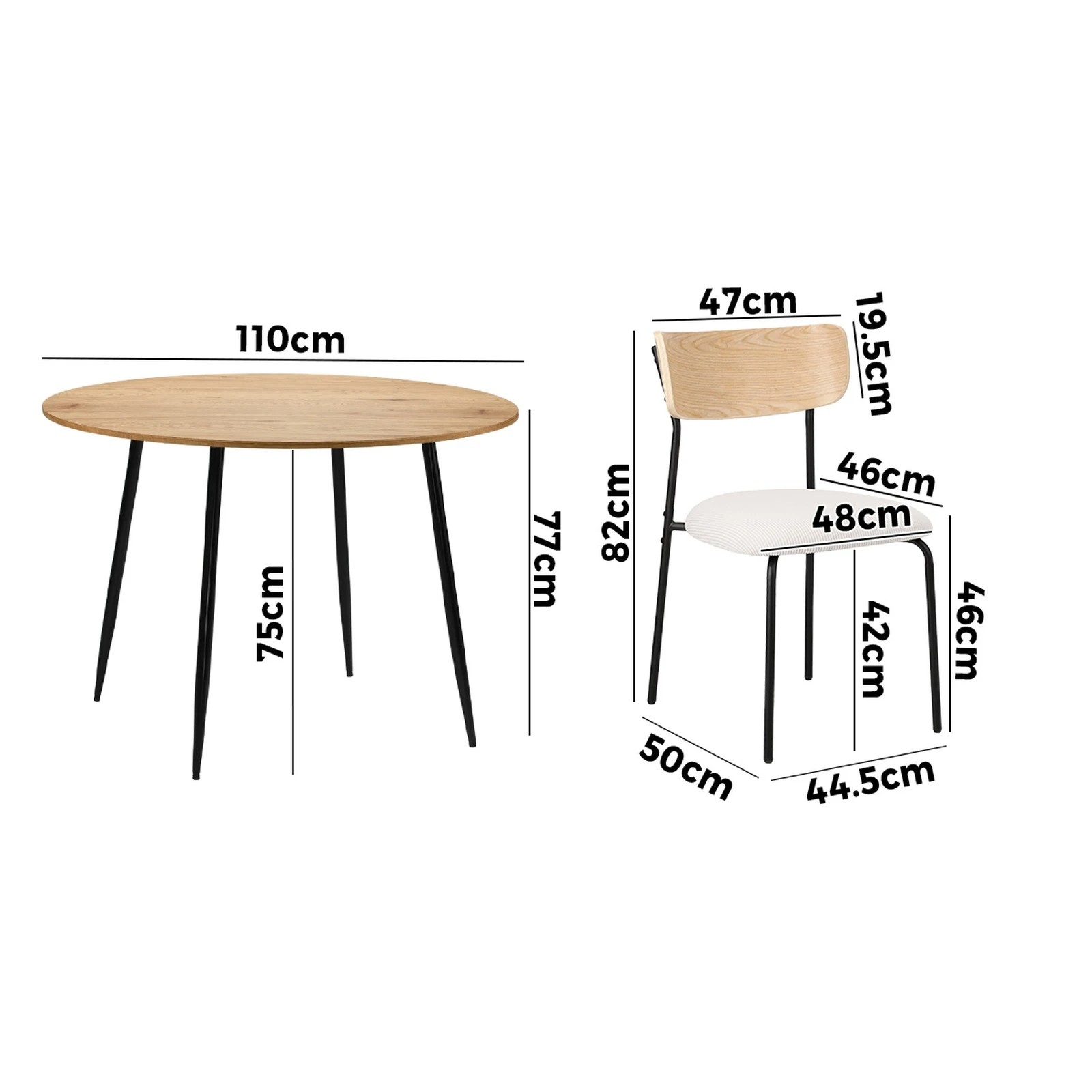 2 Oikiture 1.1m Dining Table Set with Corduroy Chairs 4-Seater Kitchen Furniture - Natural, 2 of 9