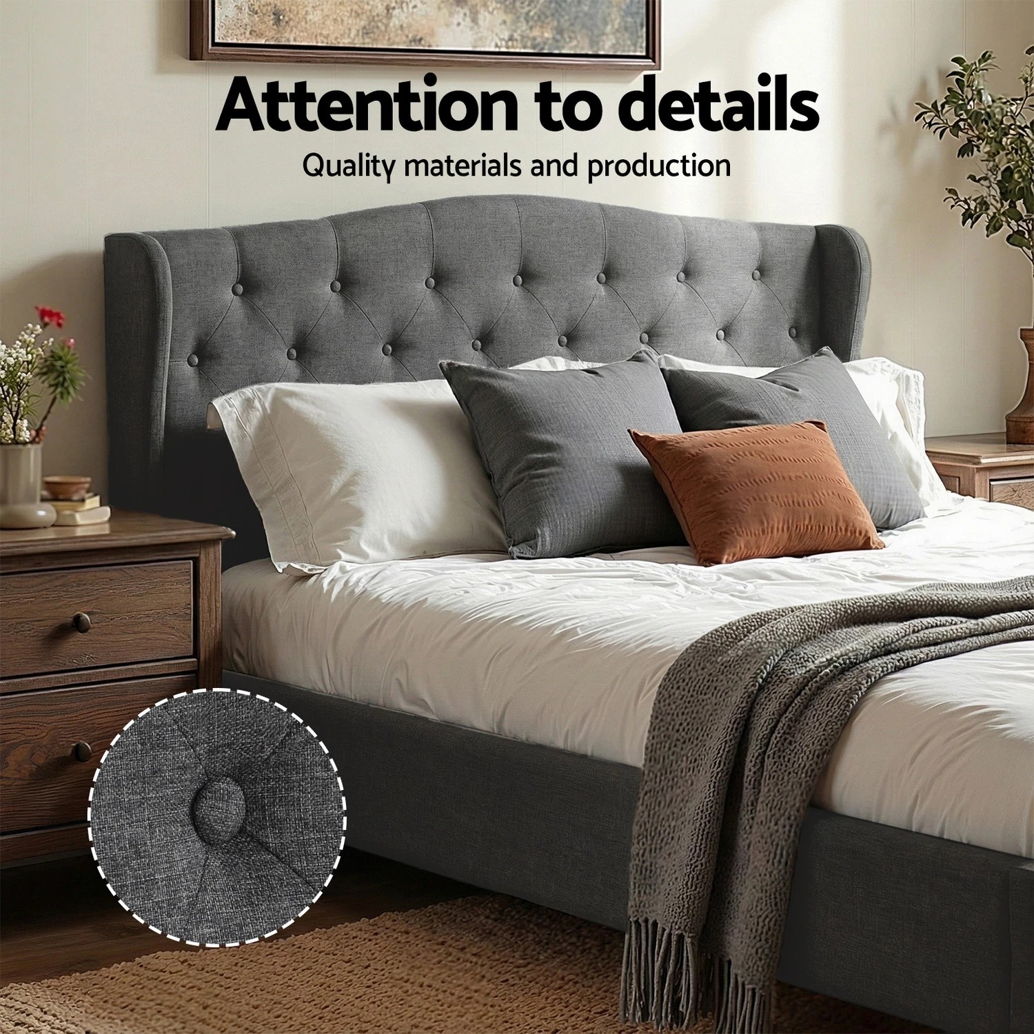 4 Artiss Queen Bed Frame with Wingback Headboard  Linen Upholste Platform Bed Base - Grey, 4 of 6