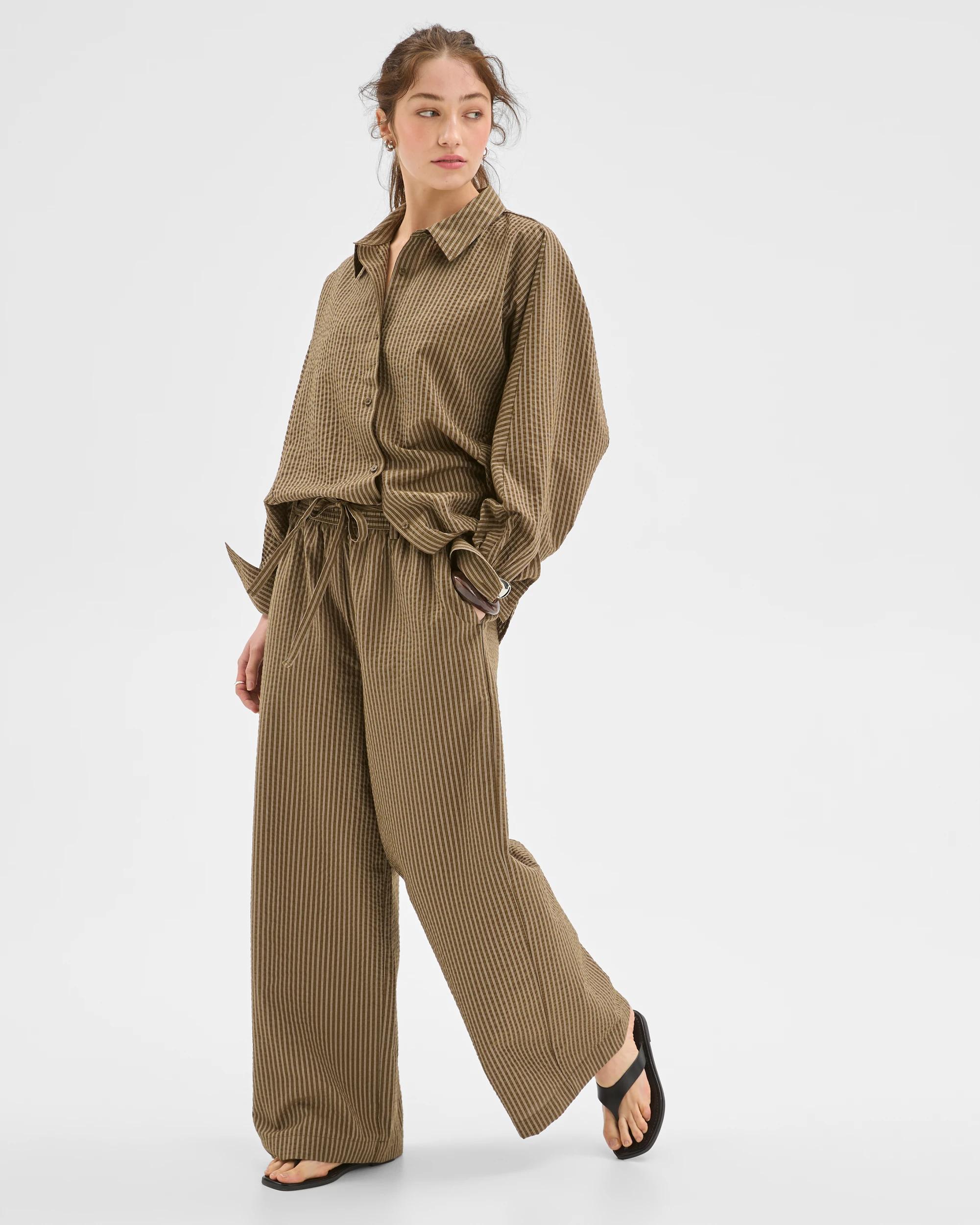 1 Lily Loves Australian Cotton Blend Wide Leg Pants DEEP MOSS STRIPE, 1 of 7